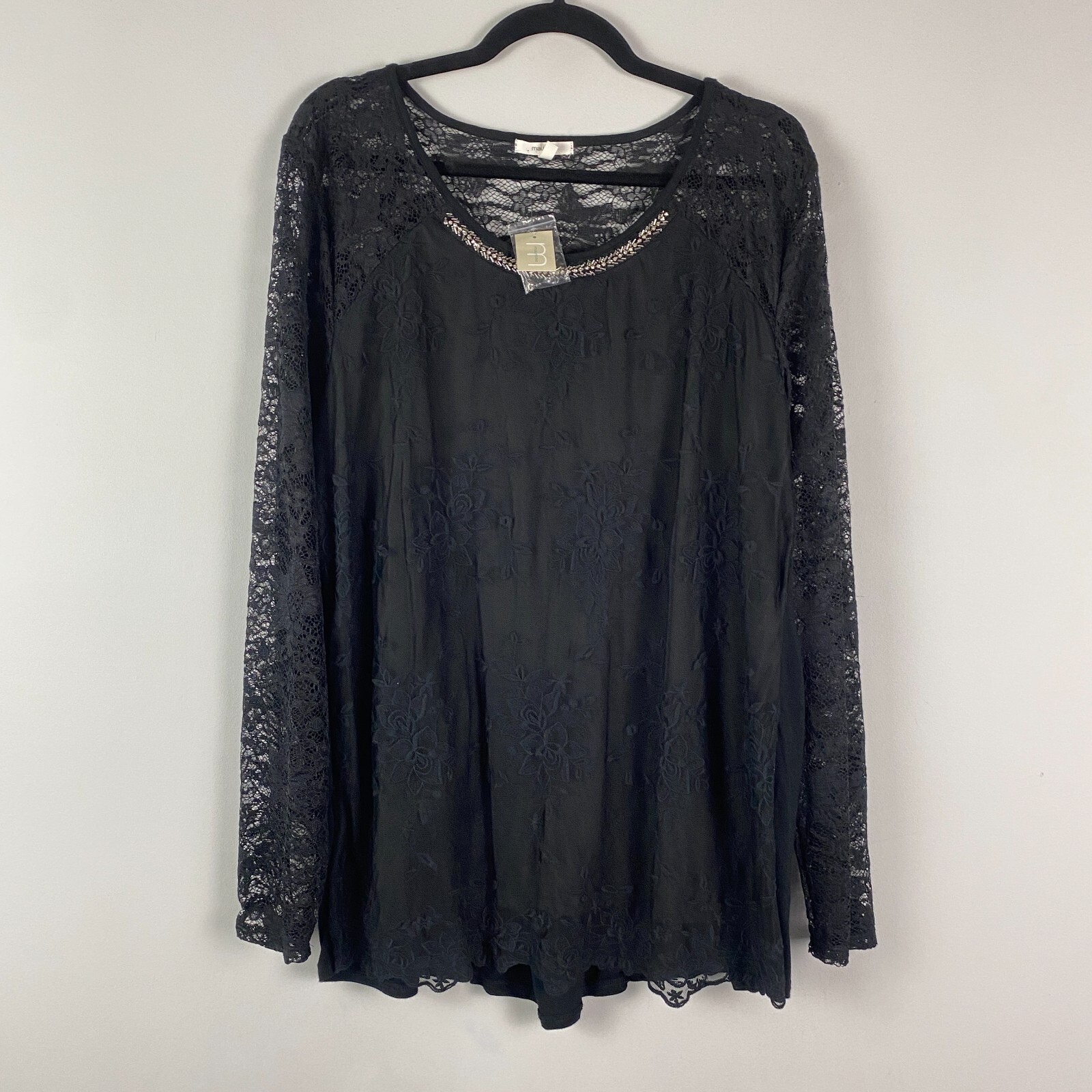 Maurices Black Long Sleeve Floral Lace Blouse Size XXL Mixed Fabric Embellished