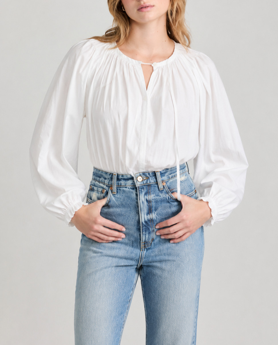 Rebecca Taylor Sateen Tie Neck Smocked Ruffle Cuff Blouse XS Off White Luxury