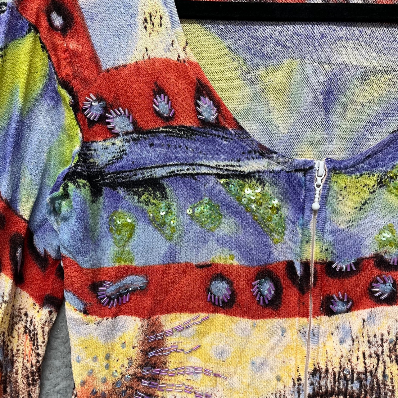 Alberto Makali Colorful Beaded Top Womens S Art To Wear Full Zip Y2K Slim Fit