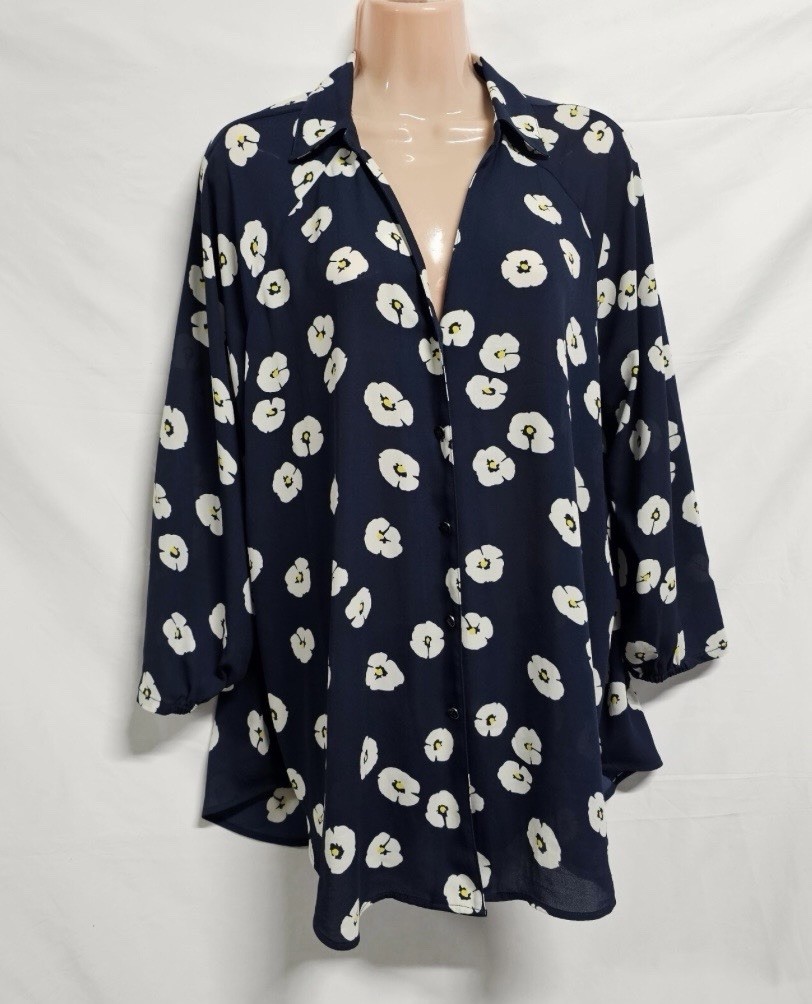 CAbi Women’s S Navy White Floral Polyester Collared Button-Up Long Sleeve Blouse