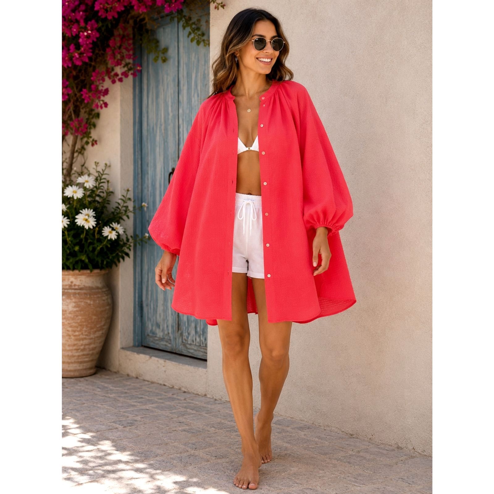 Lilly Pulitzer NWT Red Seersucker Puff Sleeve Cover Up Tunic Dress Size M