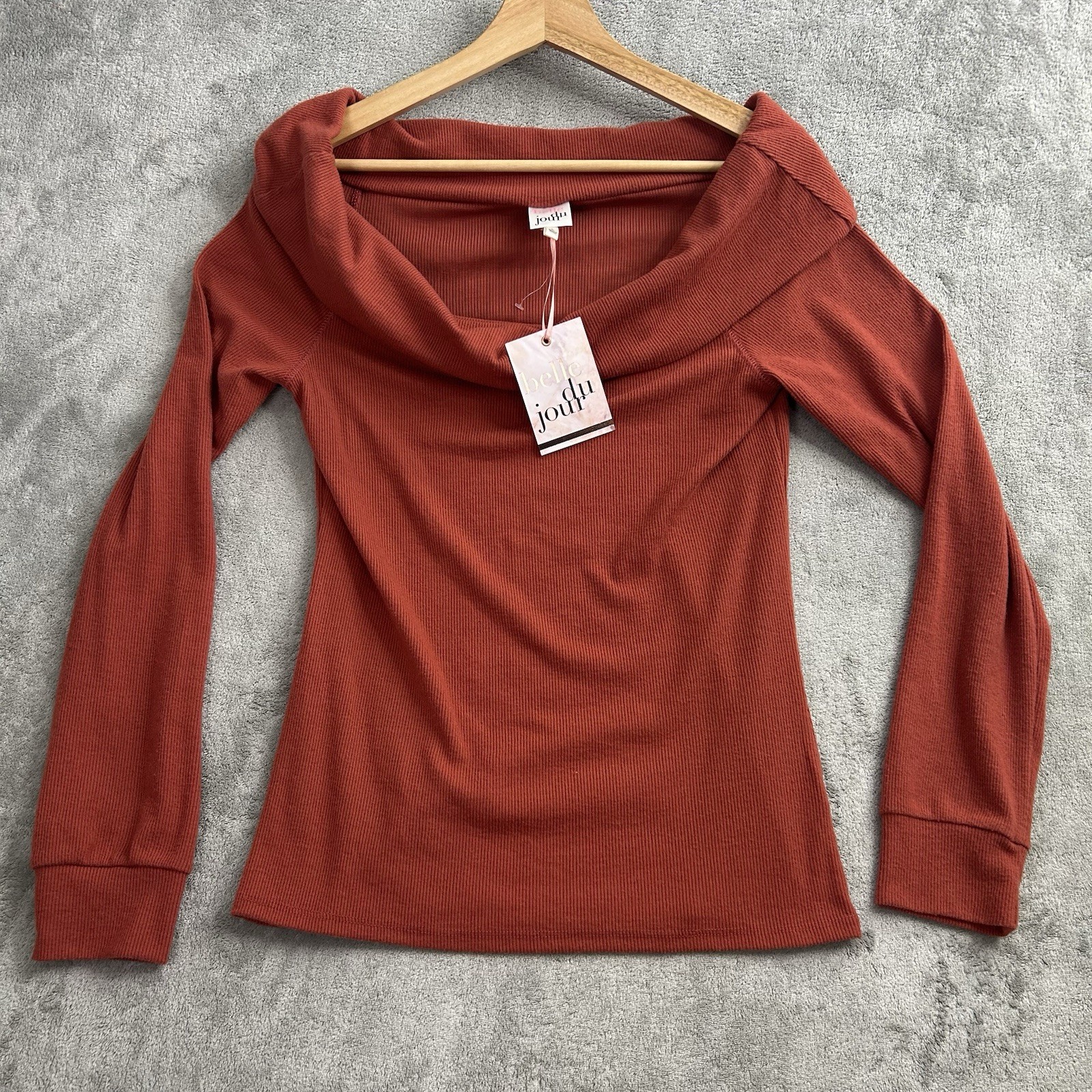 Belle du Jour Shirt Womens Large Brick Red Off the Shoulder Long Sleeve Top