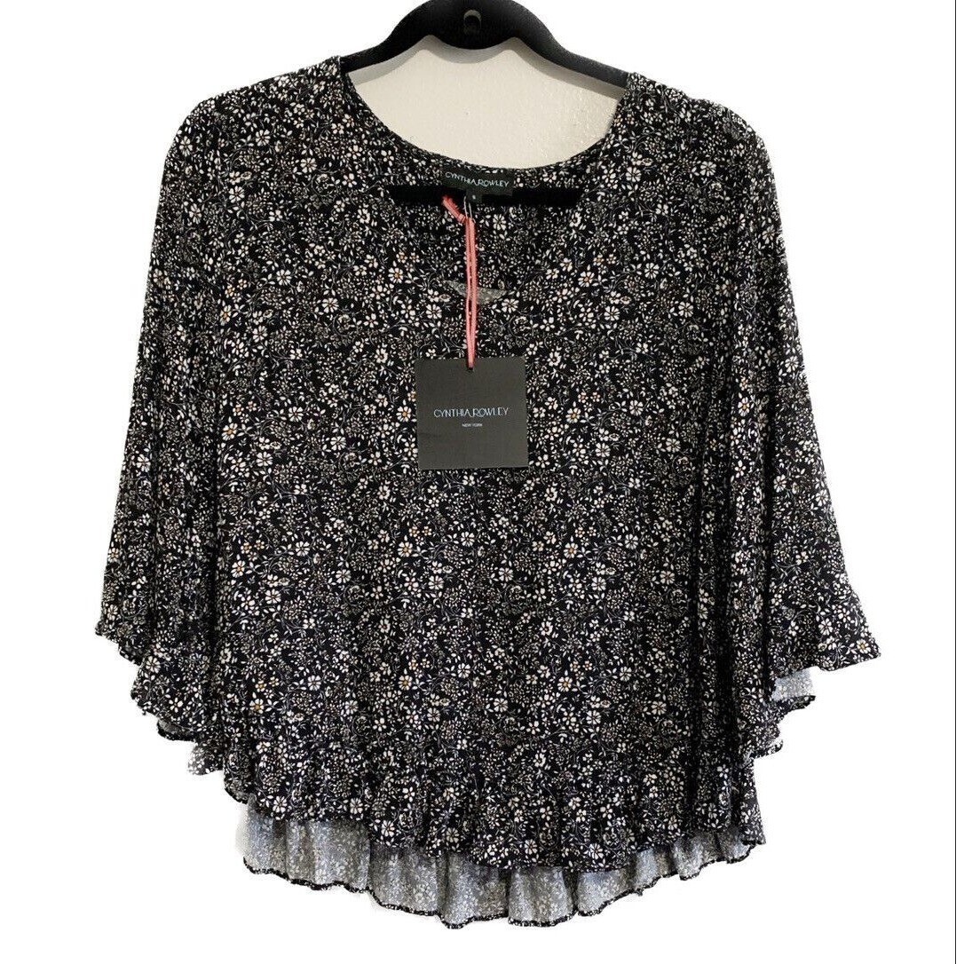 Cynthia Rowley Black 3/4 Sleeve Ditsy Floral Top Women’s Small Flowy Office