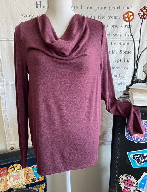 Lisa Rinna Sangria Burgundy Heather Hacci Hi-Low Hem Cowl Neck Top New