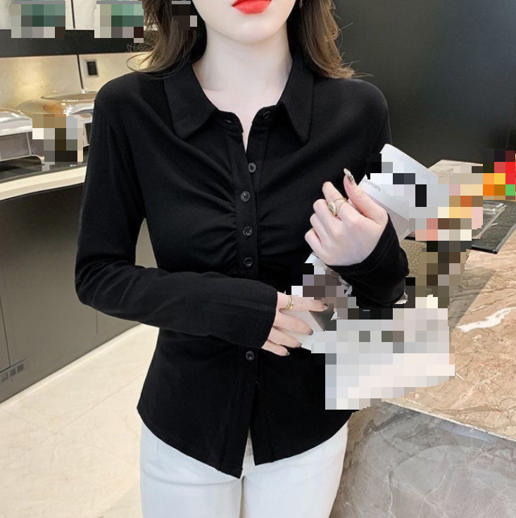 Women’s Single Breasted Lapel Collar Long Sleeves Pleated Shirt Slim Fit Tops