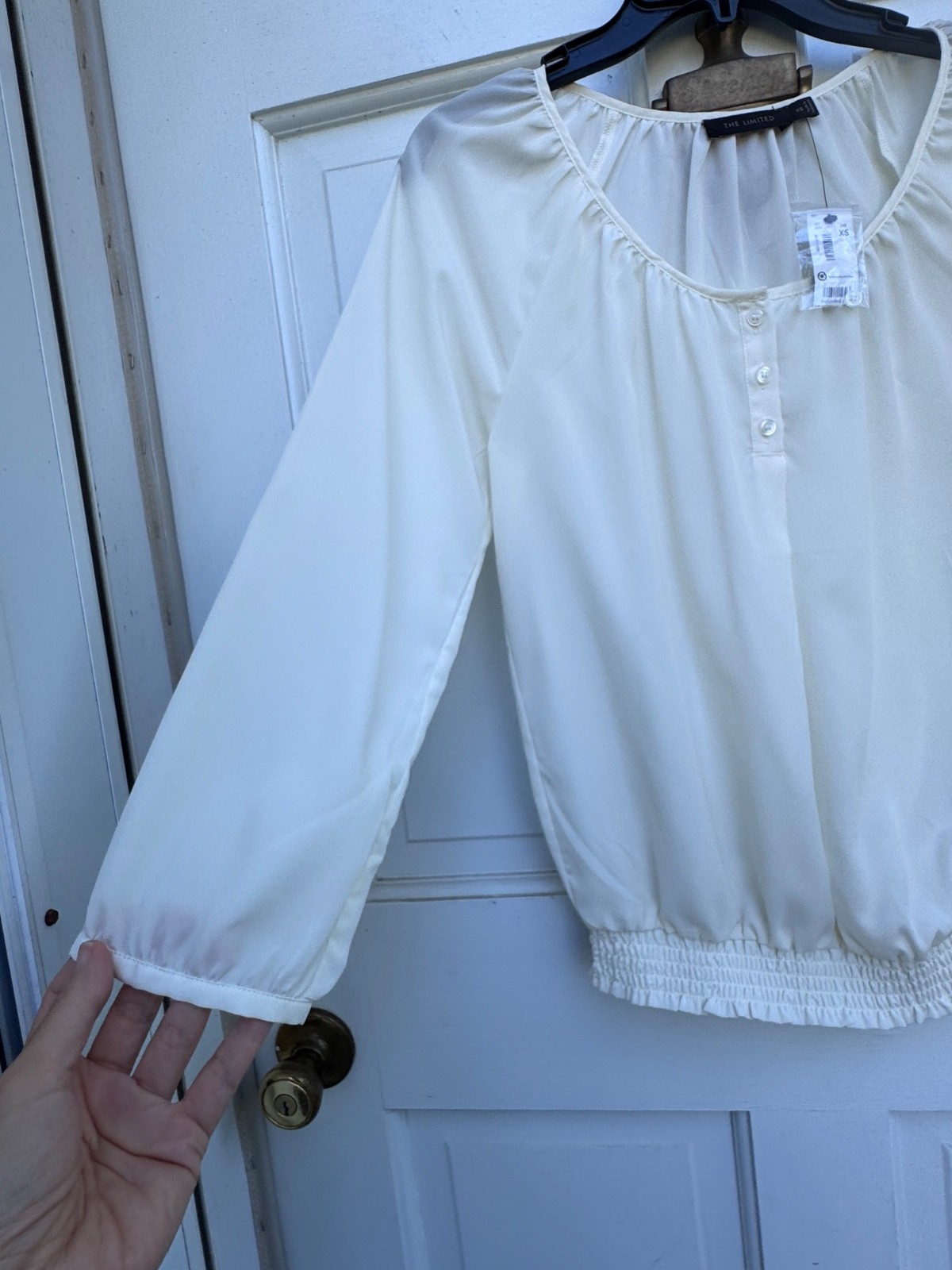 NWT The Limited Womens Ivory Semi-Sheer Peasant Blouse XS Cinched Hem Career