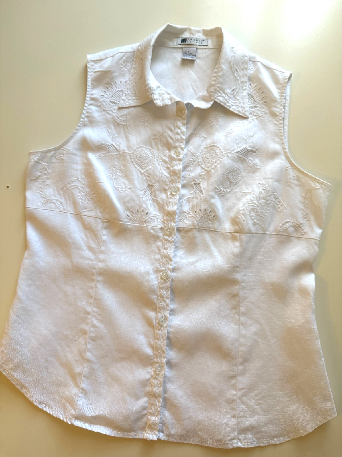 Carole Little VTG Women’s White Embroidery 100% Linen Sleeveless Blouse Size L