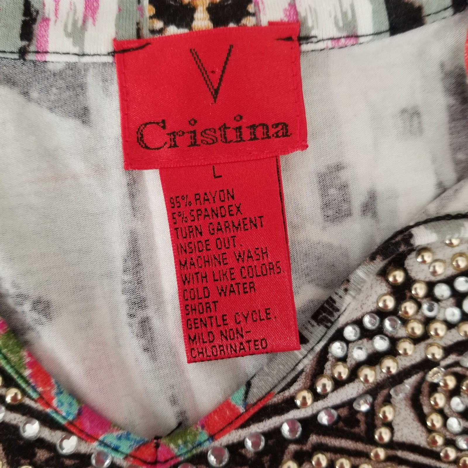 V Cristina Colorful Abstract Pattern Embellished Rhinestone Long Sleeved Shirt L