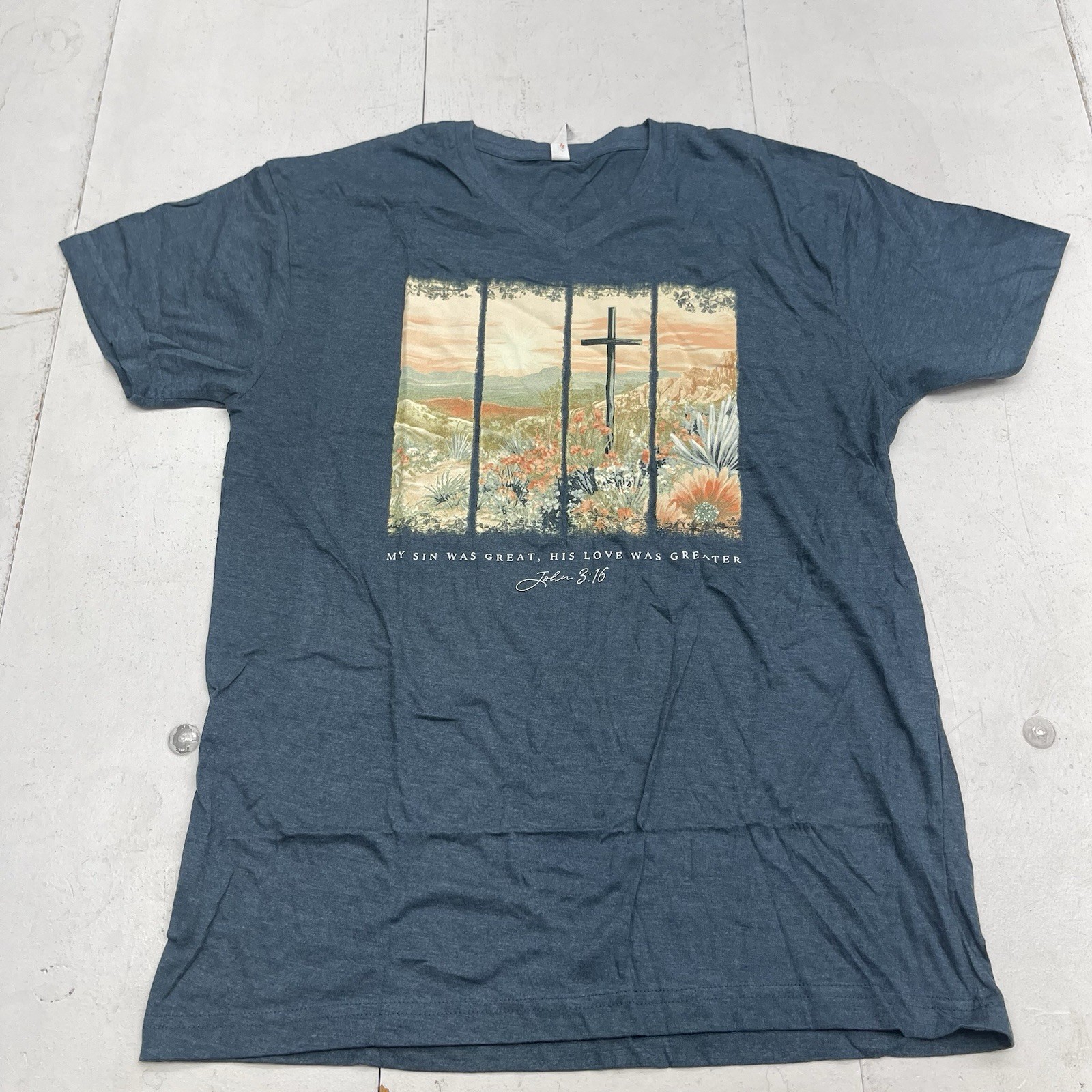 Lif Apparel Blue His Love Was Greater V Neck Short Sleeve T Shirt Women’s Large