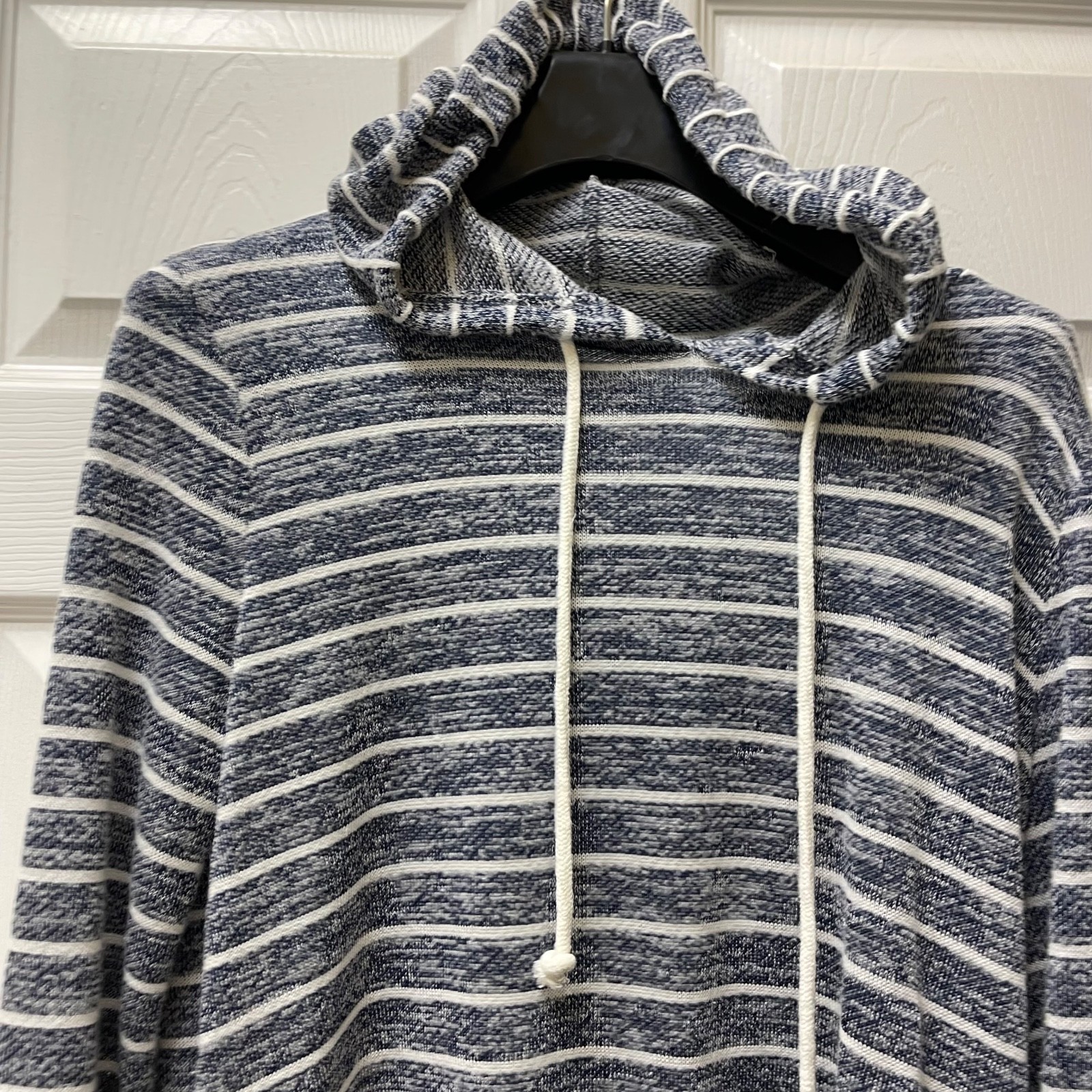 Women’s Navy/White Long Sleeve Space Dyed Hooded Top Drawstring Shirt Tail (L)