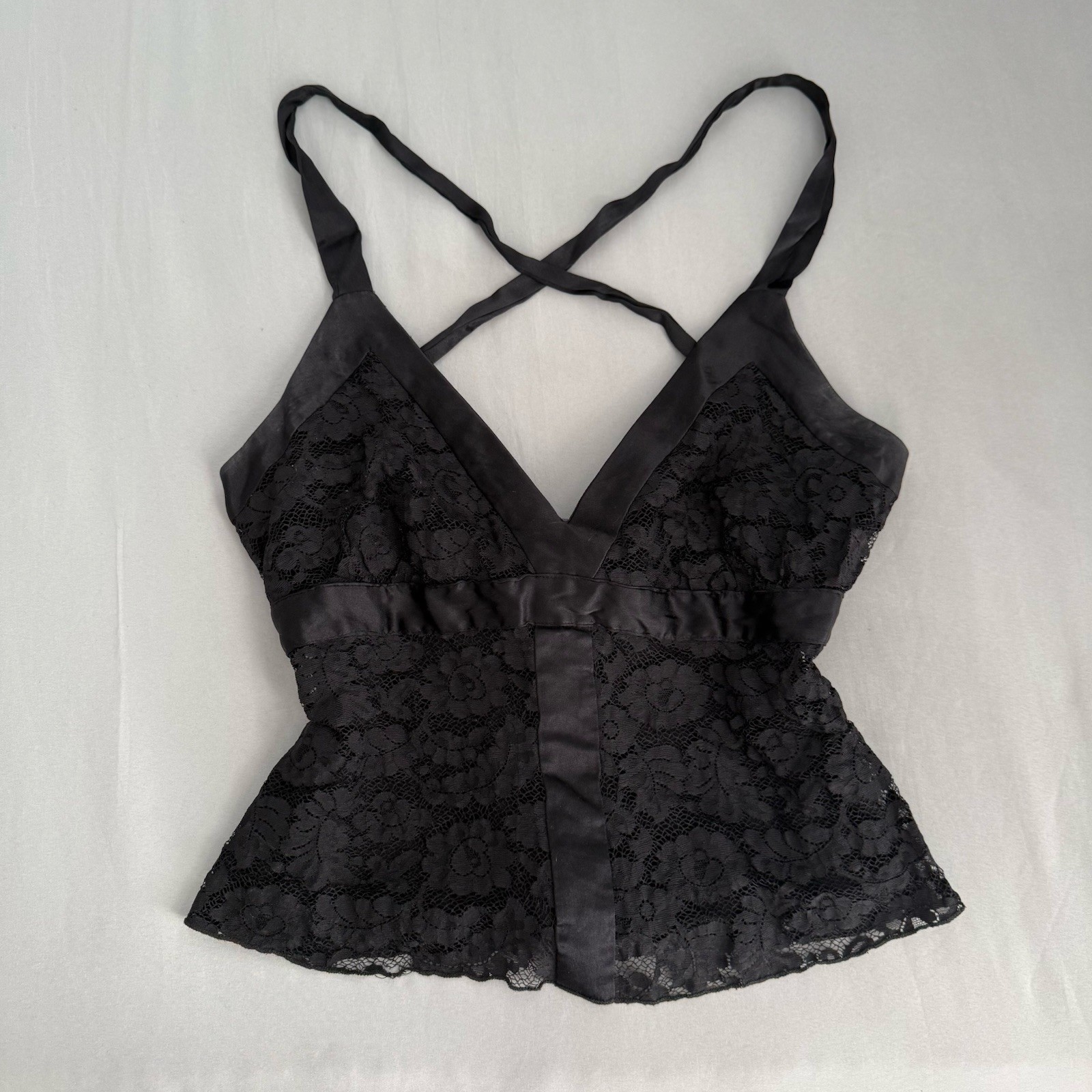 Vintage Y2K Bebe Top Sz S Silk Trim Babydoll Lace Tie Cross Back Romantic Fairy