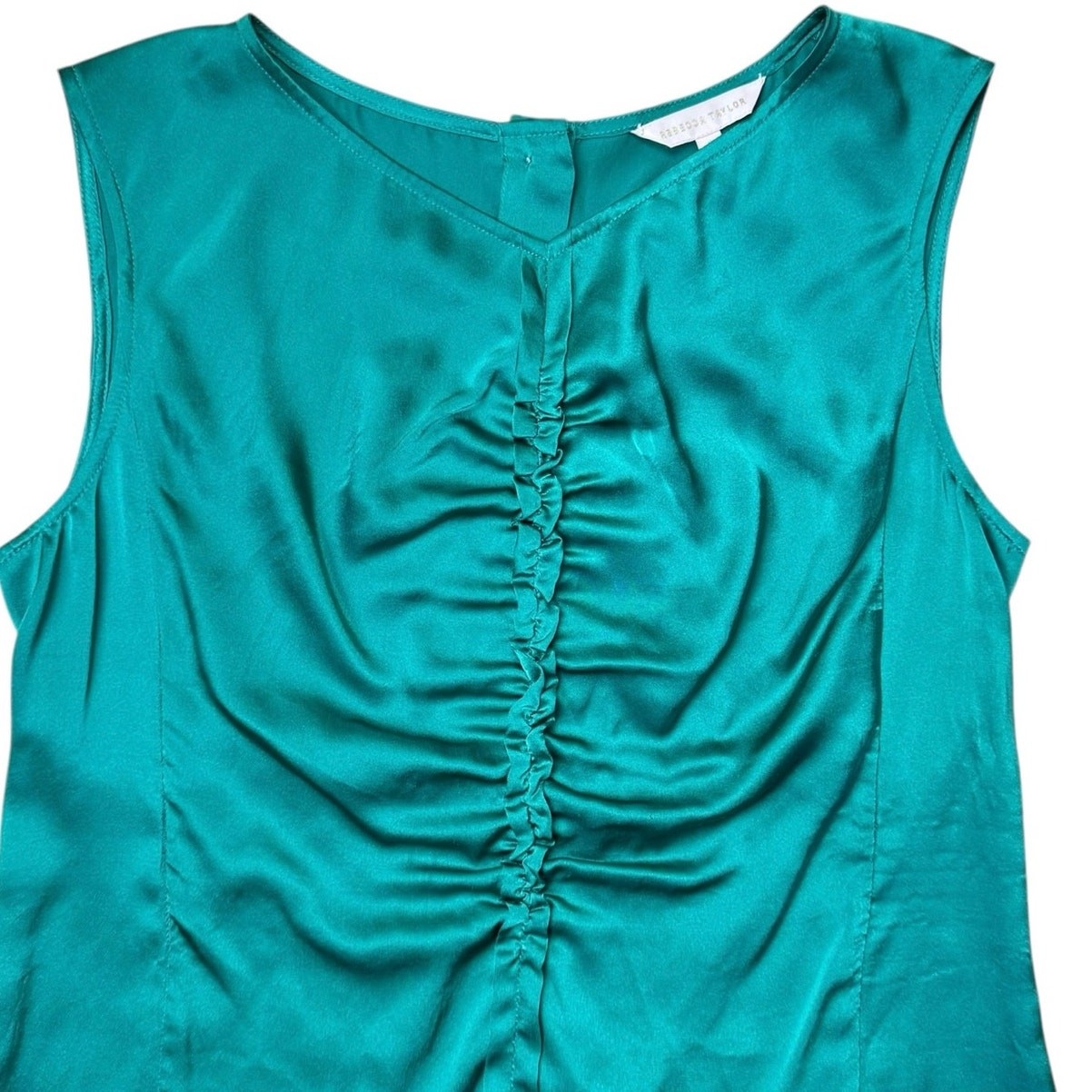 Rebecca Taylor NWT 0 100% Silk Satin Teal Sleeveless Charmeuse Ruched Blouse