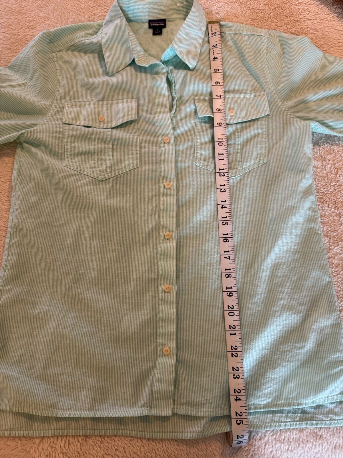 Patagonia Small Organic Cotton Hemp Green White Stripe Roll Tab Button Up Shirt