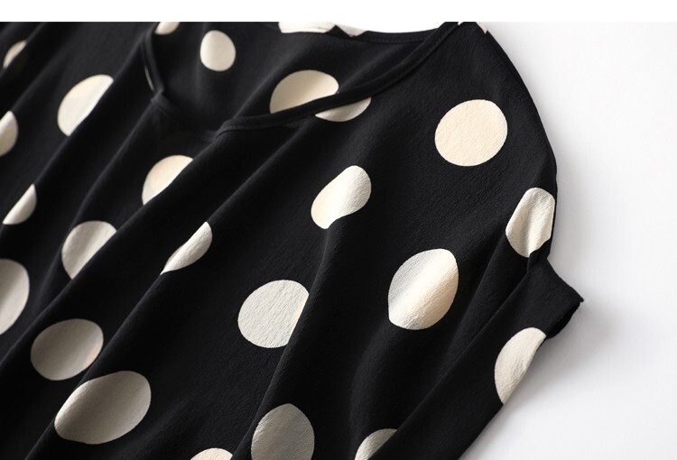 100% Mulberry Silk Black Polka Dots Short Sleeve Women T-Shirt Shirt Top MM142