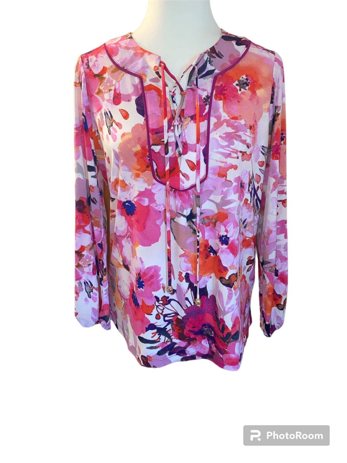 SUSAN GRAVER LIQUID KNIT WOMEN’S FLORAL TOP LACE UP FRONT PLACKET SZ XS EUC
