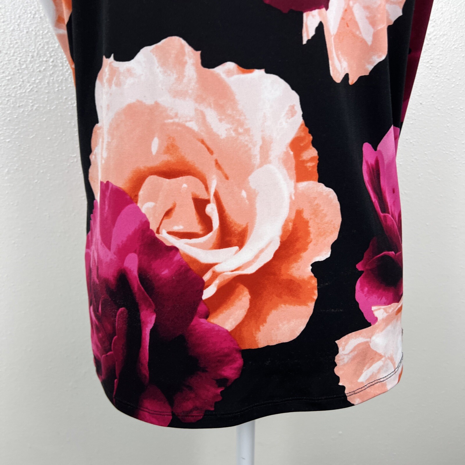 Calvin Klein Blouse Women Large White Black Floral Print Gold Zip Cap Sleeve Top