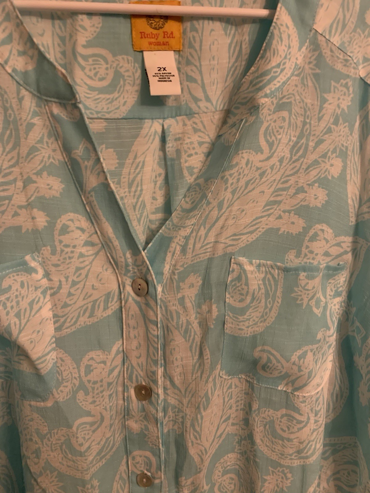 Ruby Rd Button Front Roll Tab Slv, Paisley Aqua White Tunic Beautiful 2x