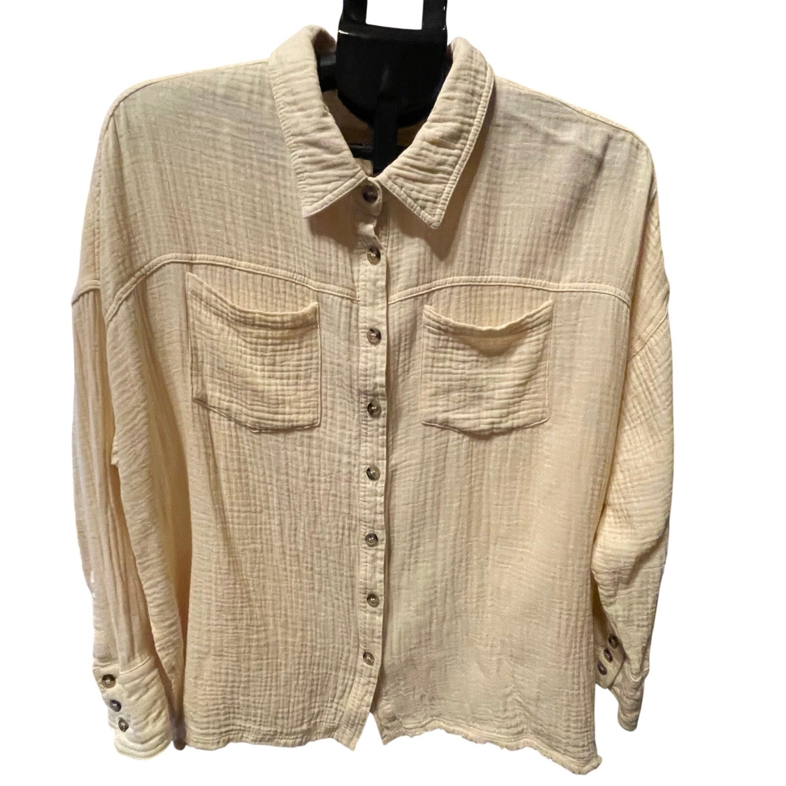 Sage + Fig Gauze Button Down Shirt Womens M Peach Cream Boxy Flowy Top coastal