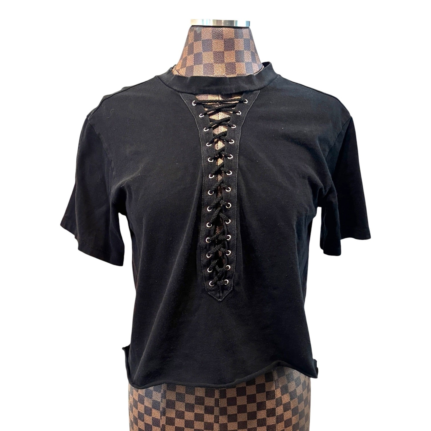 F21 Black Corset Crop T-Shirt Size Medium Goth Punk Bikercore Tee Lace-Up Top