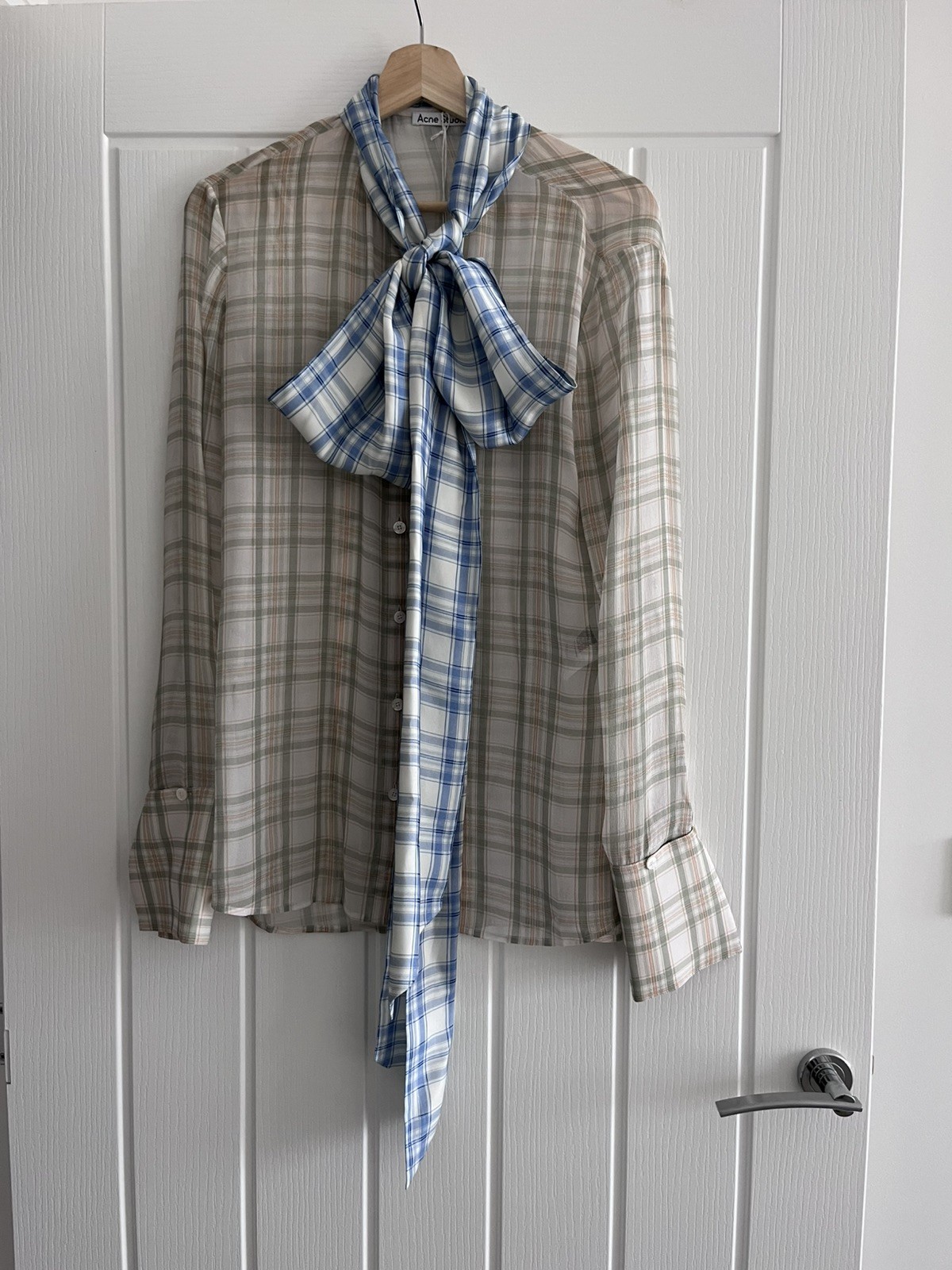 Acne Studios check print silk blouse with scarf green orange EU38 UK10 RRP£700