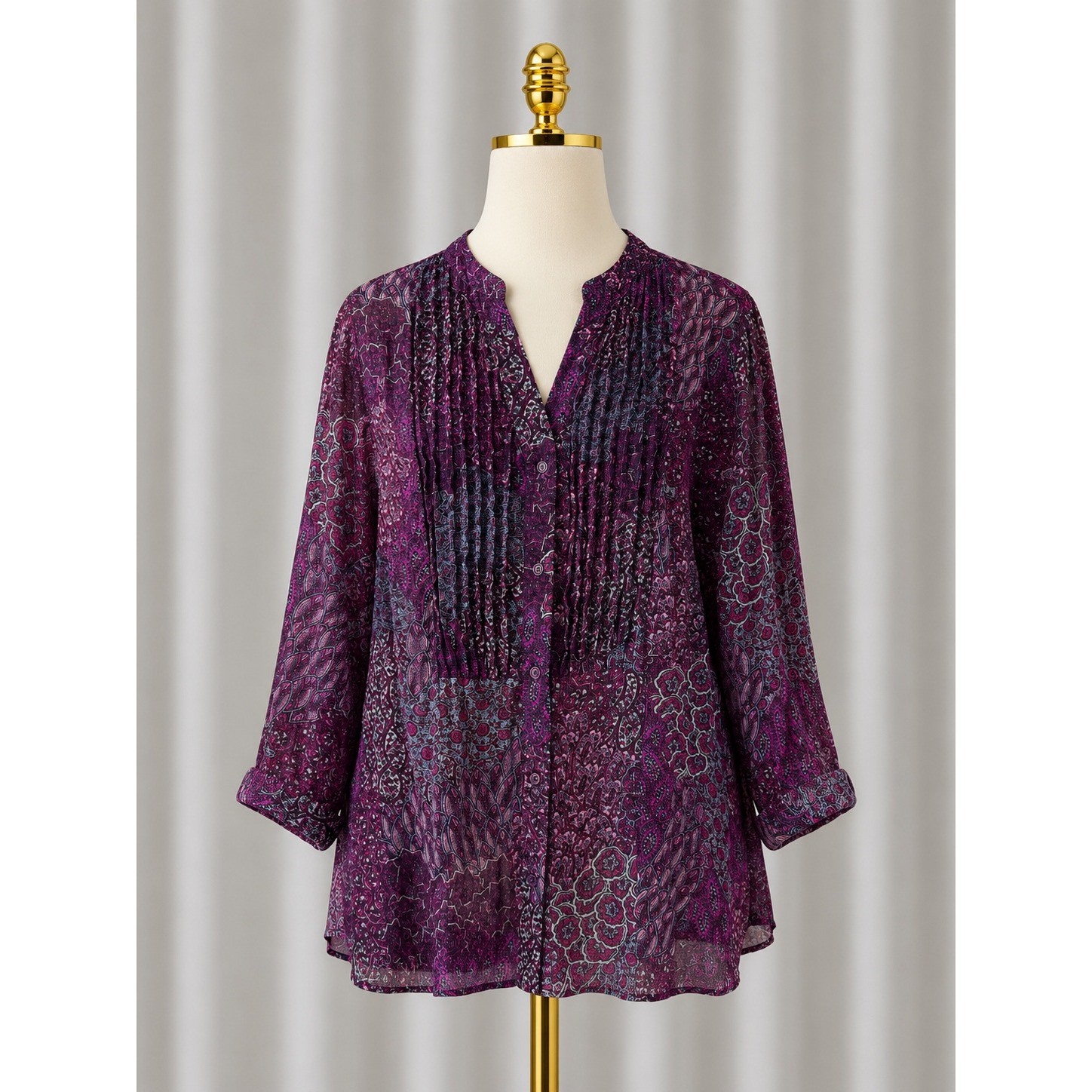 CJ Banks Button Front Blouse Women 20/22W Purple Paisley Pintuck 3/4 Sleeve