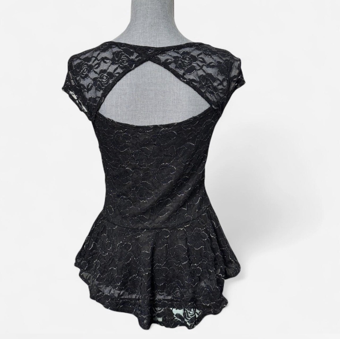 BCX Y2K Lace Peplum Top Goth Whimsigoth Open Back Stretch Evening Black Sz M