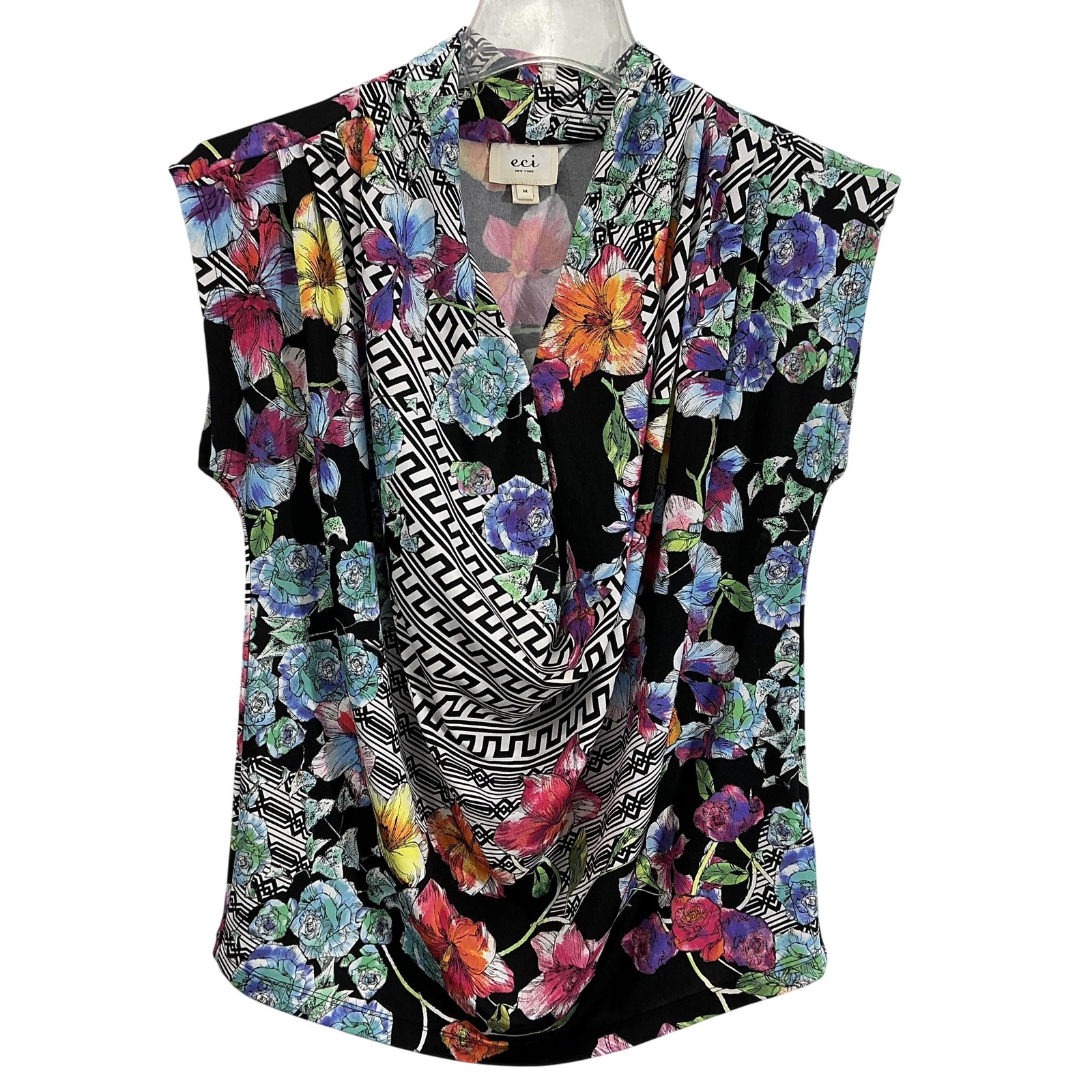 ECI New York Blouse Womens Medium Multicolor Floral Cowl Neck Jersey Top