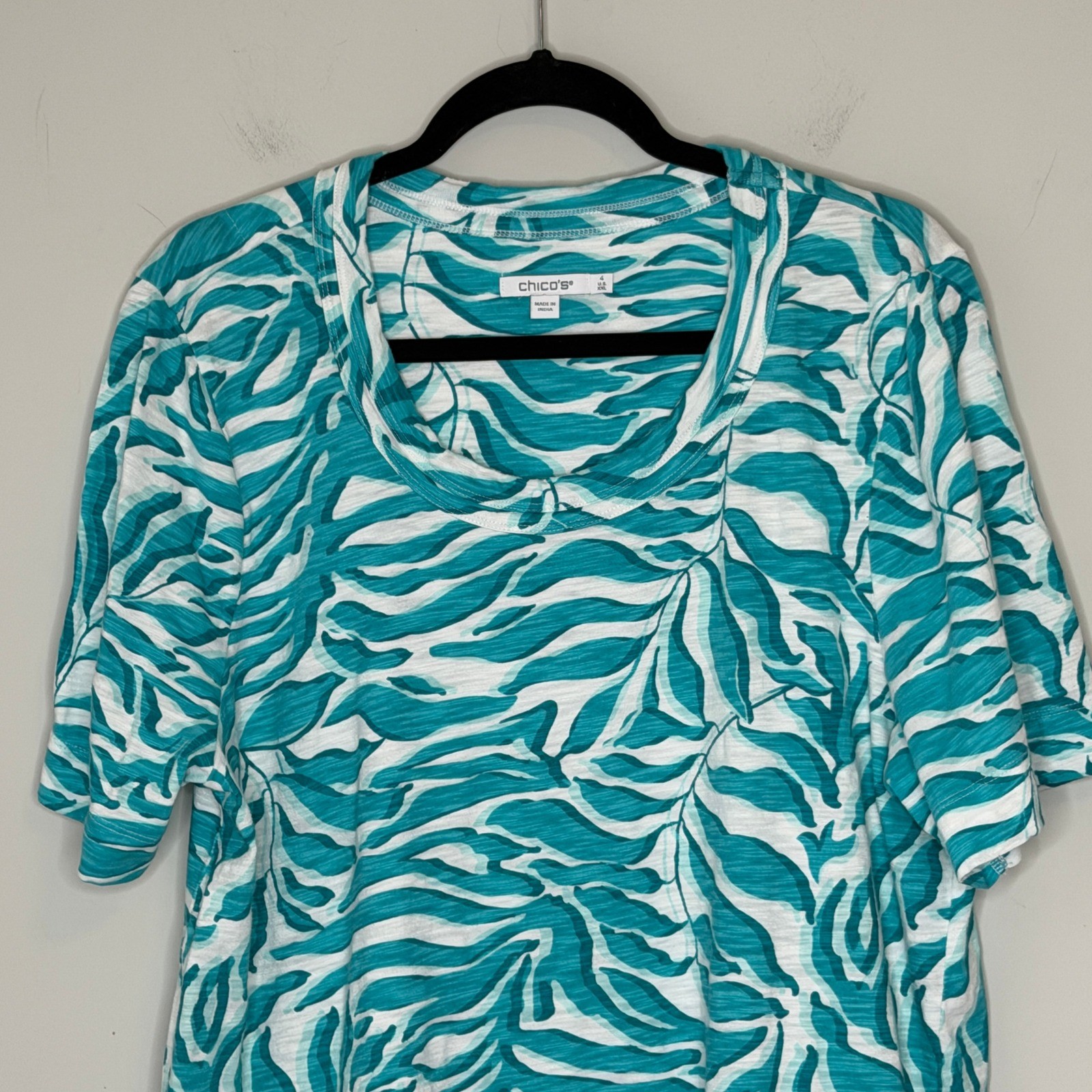 Chicos Teal White Tropical Leaf Scoop Neck T-Shirt Size 4 XXL Cotton Modal Beach