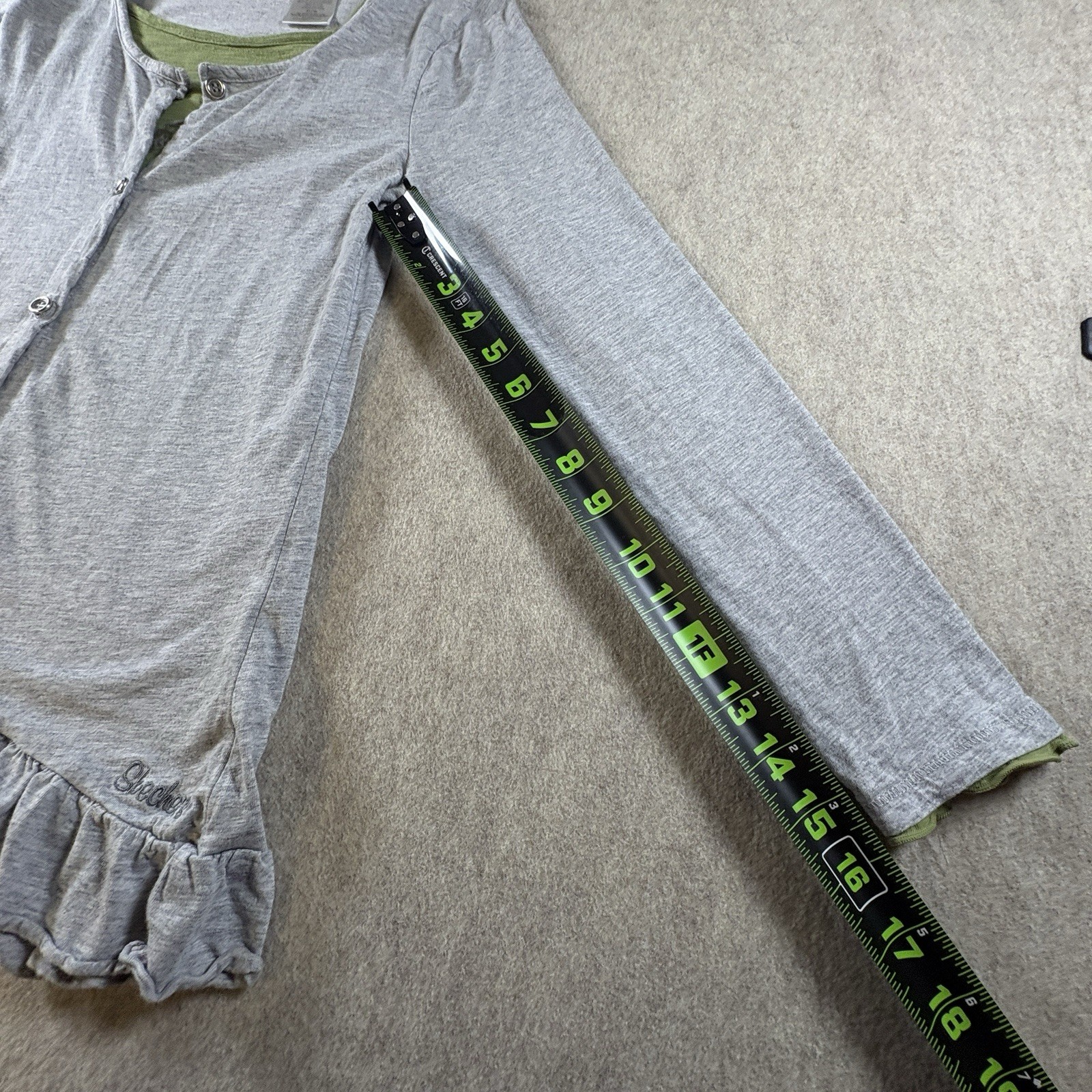 Skechers Women’s XL Gray Ruffle Cardigan Green Heart Graphic Layered Top (239)