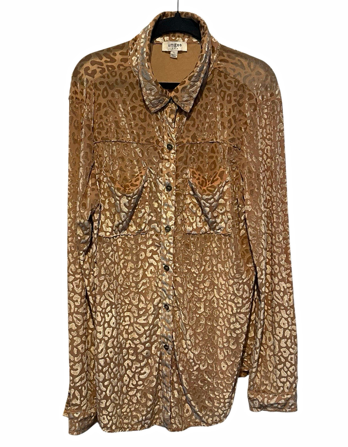 Umgee Women’s Velvet Burnout Leopard Print Collared Button-Down Shirt Size L