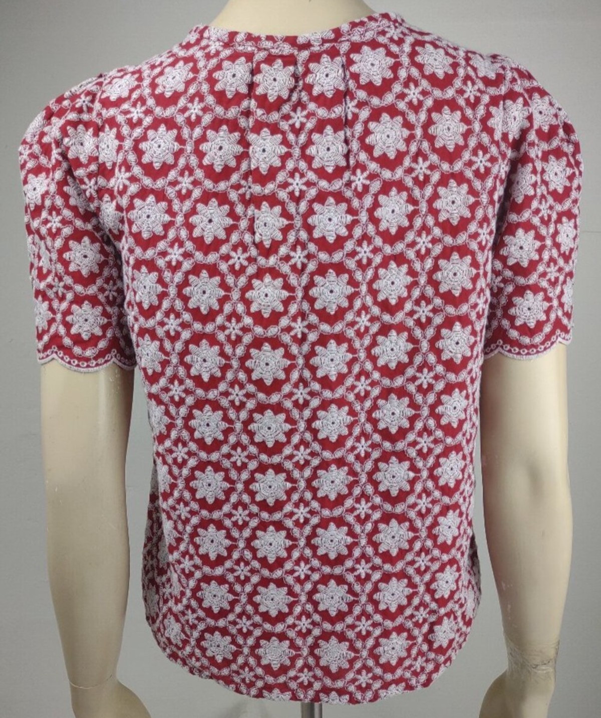 LOFT Womens Scalloped Sleeve Slit Neck Top Red Floral Embroidered XXS Petite