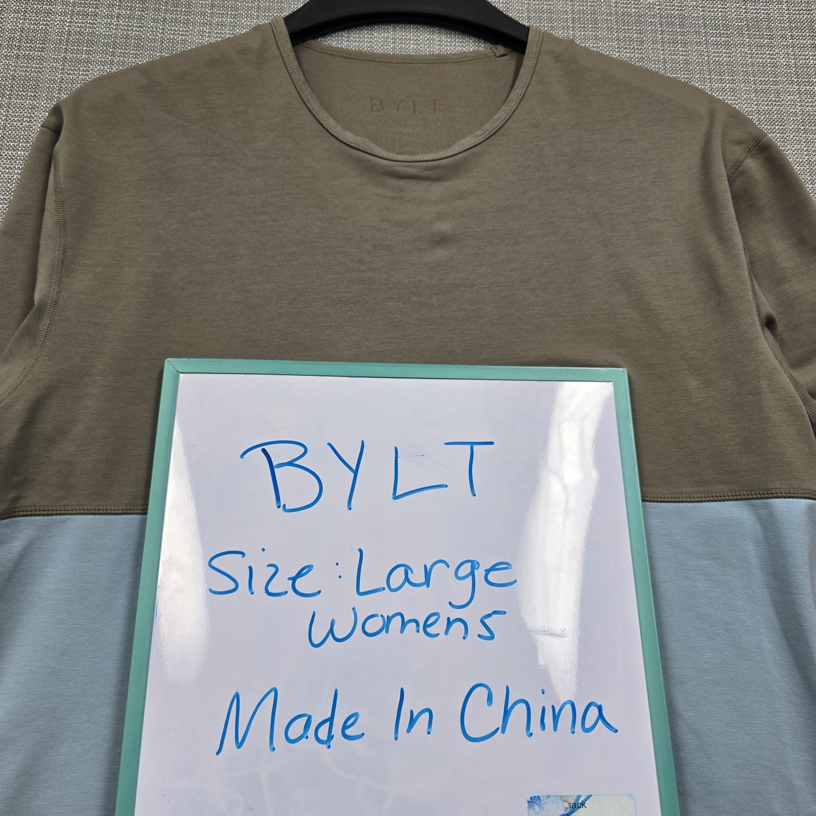 BYLT Shirt Womens Large Blue Tan Colorblock Crew Neck Short Sleeve Curved Hem