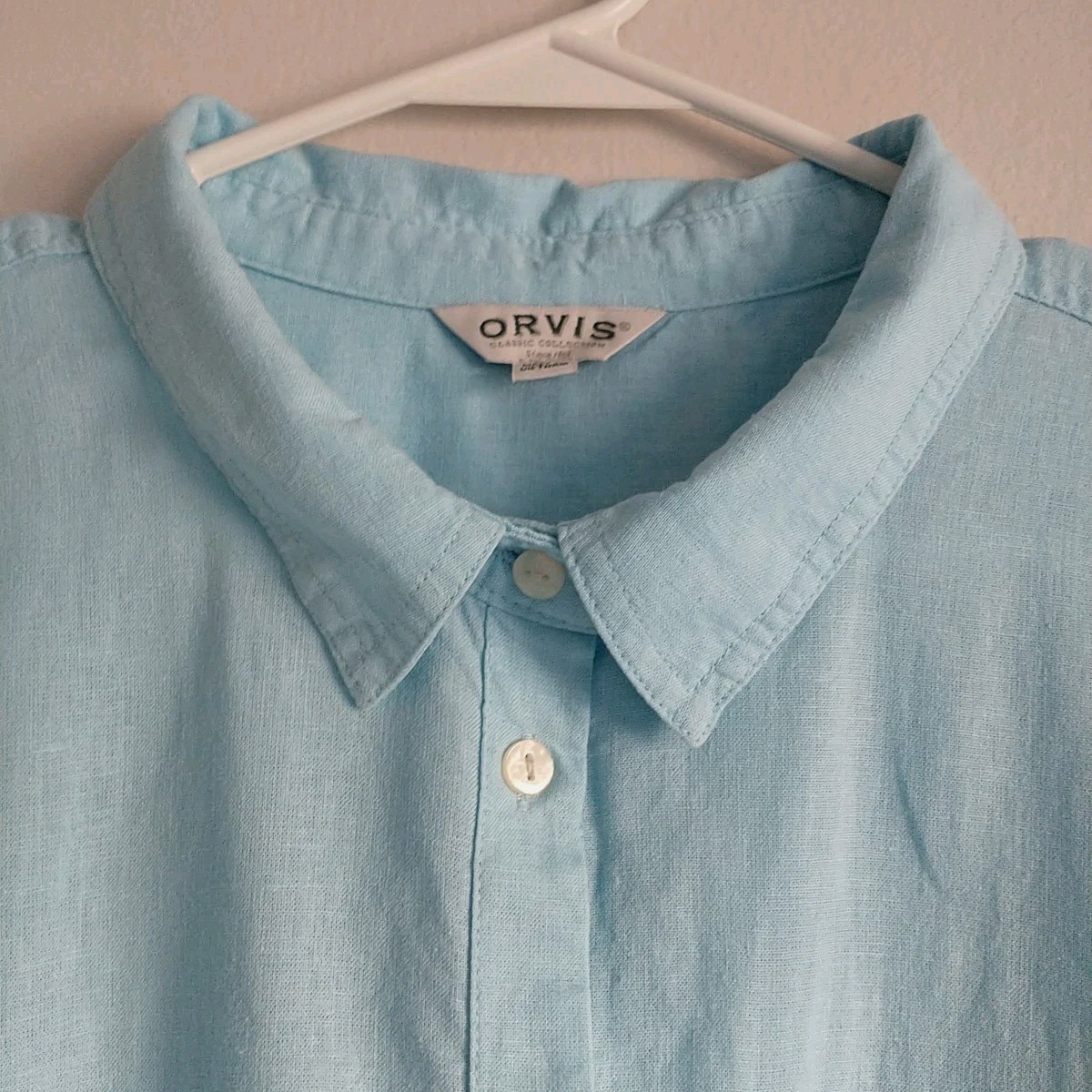 Orvis Shirt Blouse Womens XL Blue Linen Blend Short Sleeve Buttons Pocket Boxy