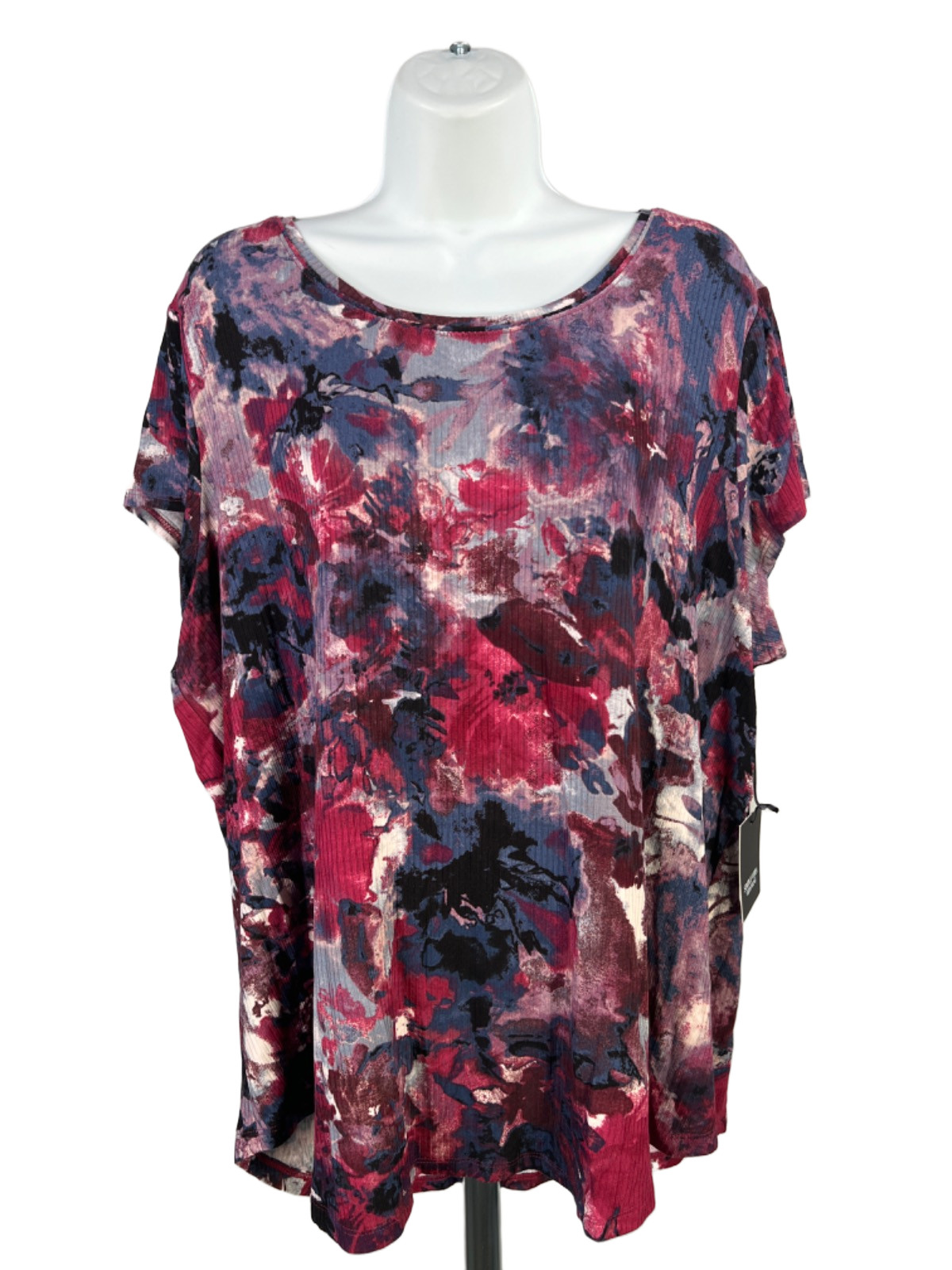 Simply Vera Women’s Purple Ribbed Floral Watercolor Short Cap Sleeve Shirt – XXL