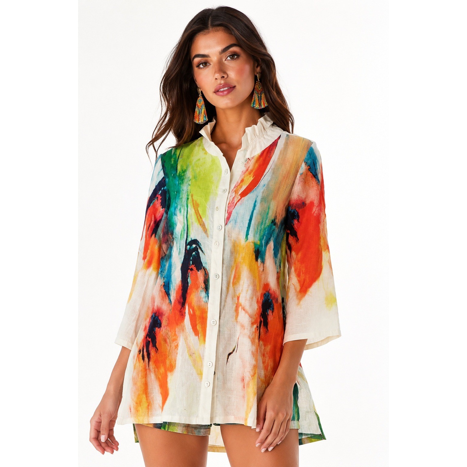 Soft Surroundings Isla Grande Tunic Top 1X Watercolor Abstract Button Front