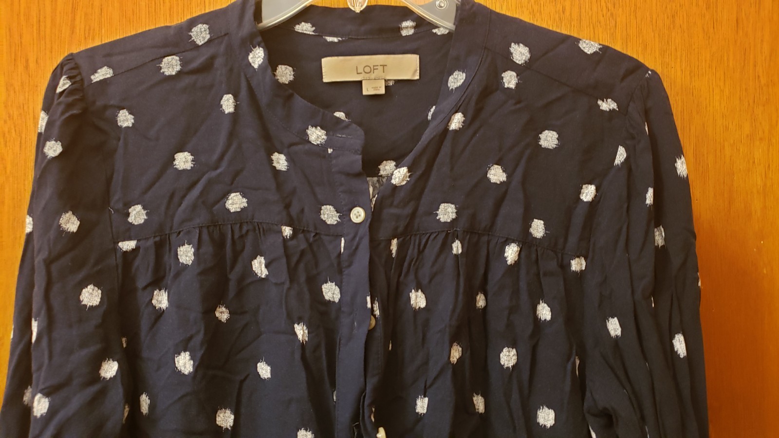 LOFT Full Button BLOUSE Black w/ White Splotches LARGE Women clothing Shirt Top