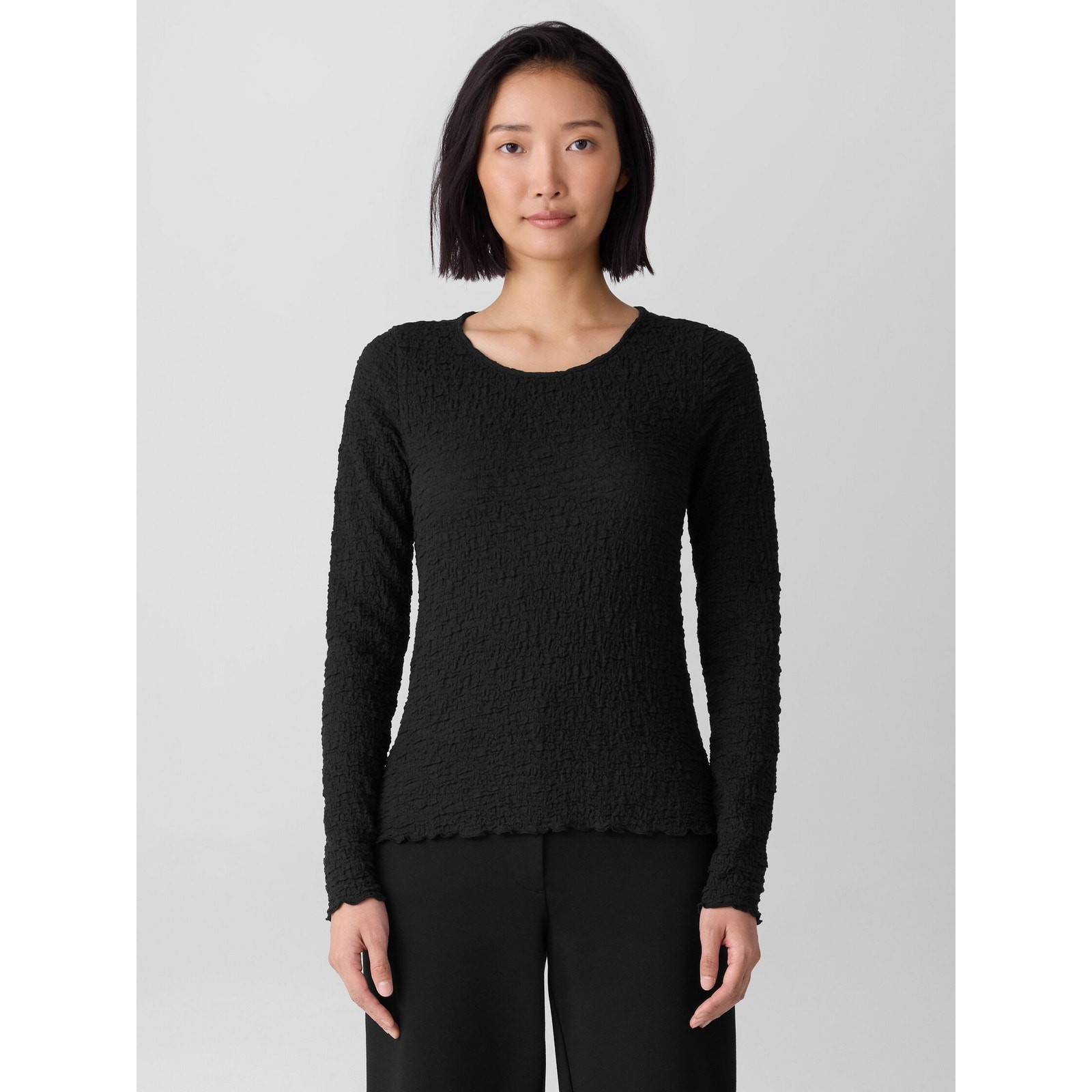 Eileen Fisher Black Bubble Jacquard Ruffle Top Size M Retails $148 Lagenlook