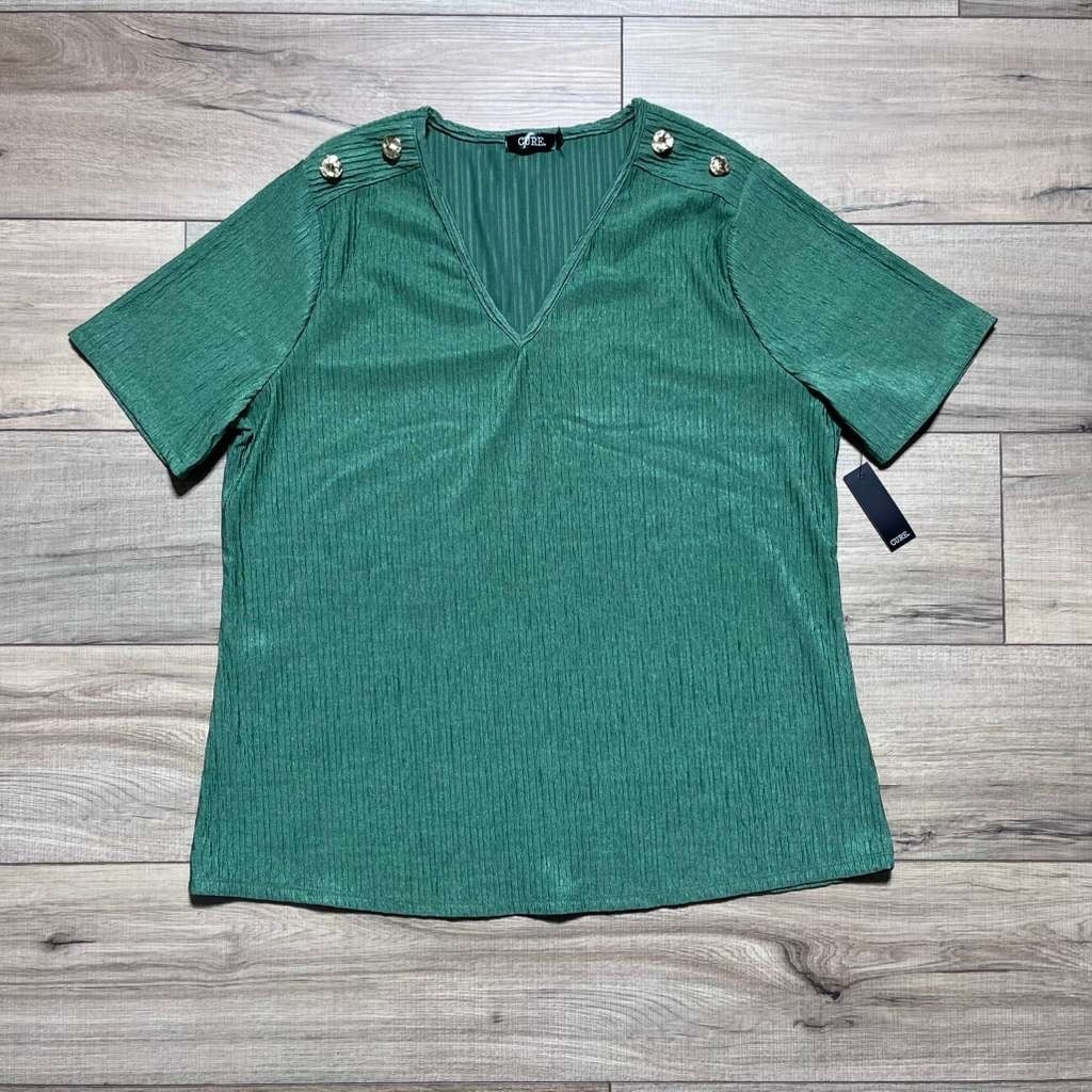 Cure Womens Crinkle Fabric V-Neck Short Sleeve Pullover Top Size XL Green