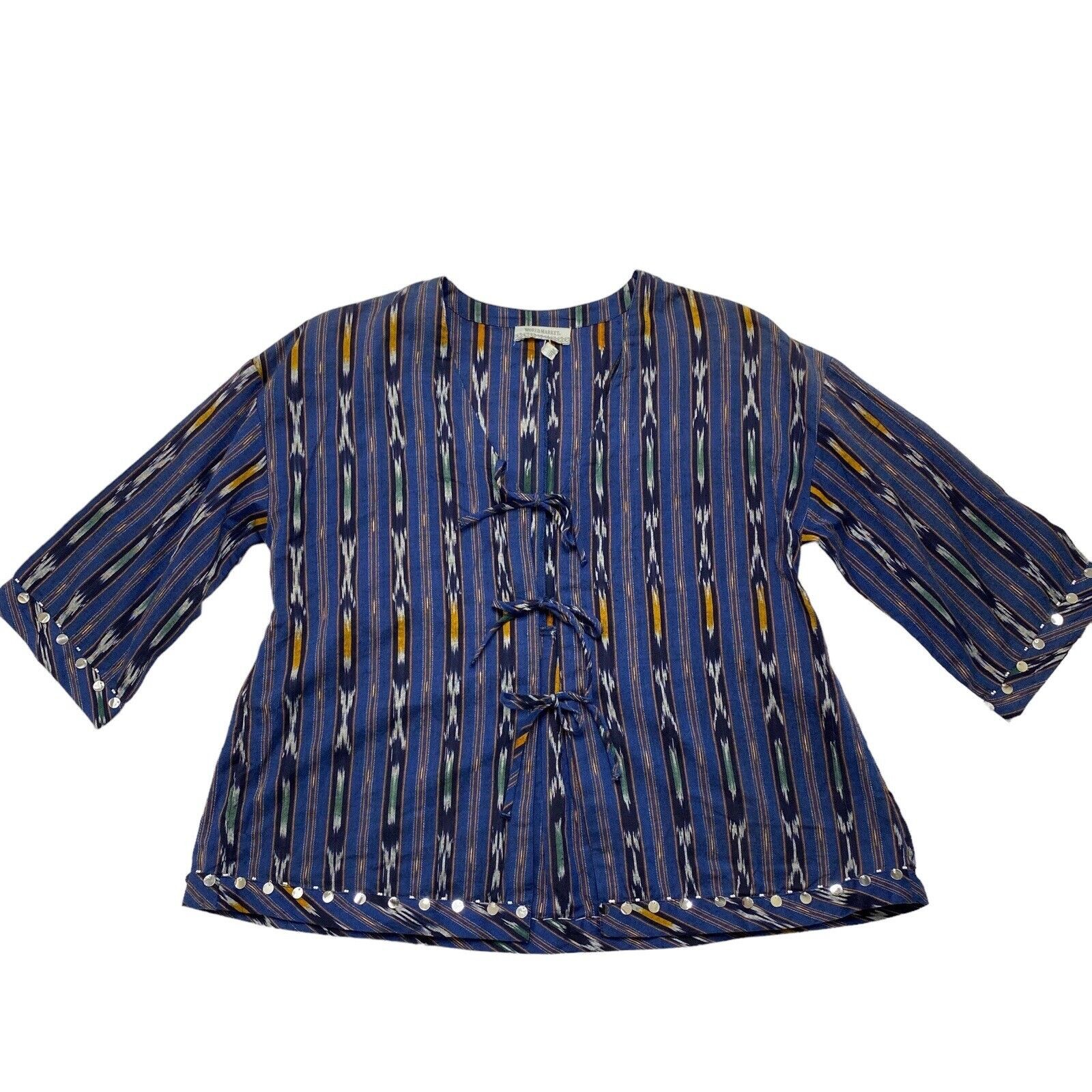 WORLD MARKET Cost Plus Blue Western Tribal Tie Cardigan Small Medium *READ*