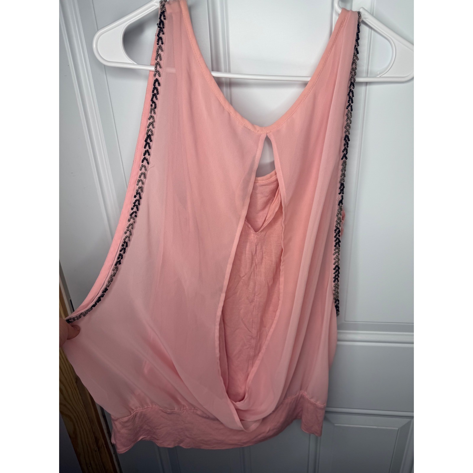 Peach Beaded Trim Chiffon Overlay Sleeveless Blouse Keyhole Back Top L