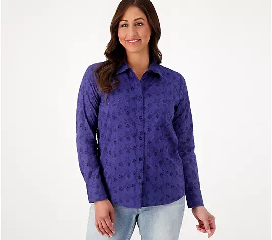 Candace Cameron Bure Button-Front Eyelet Shirt-Velvet Blue-Petite Medium A603591
