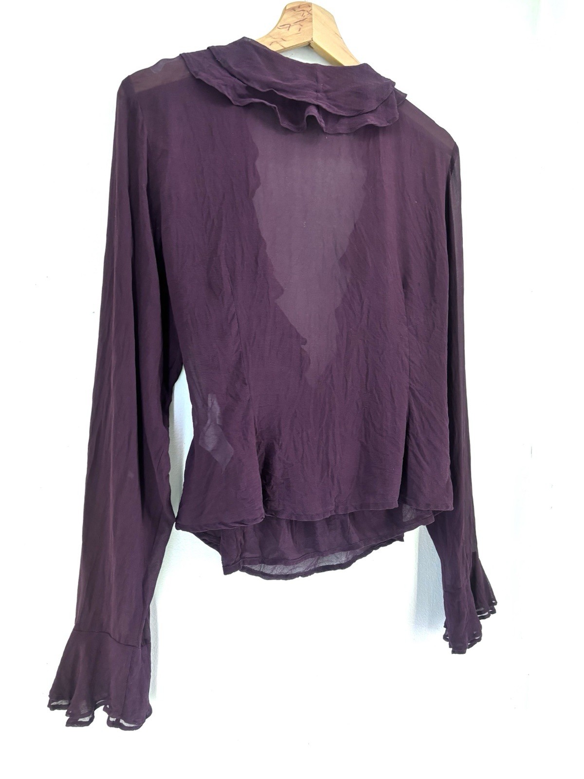 Monsoon Somen. 100% Silk Top Ruffle Blouse Flare Purple Light-weight Sz14 R1246