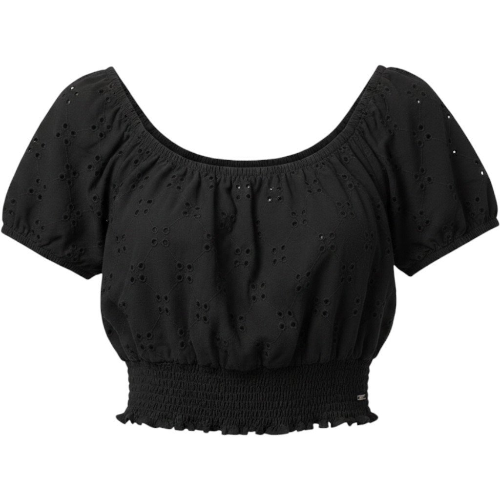 Hollister Eyelet Crop Top Womens Medium Black Excellent Smocked Puff Sleeve