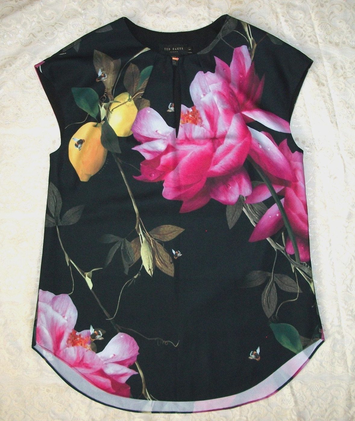 Ted Baker London Nilea Citrus Bloom Cap Sleeve Top Black Dropped Hem Size 1 NwoT