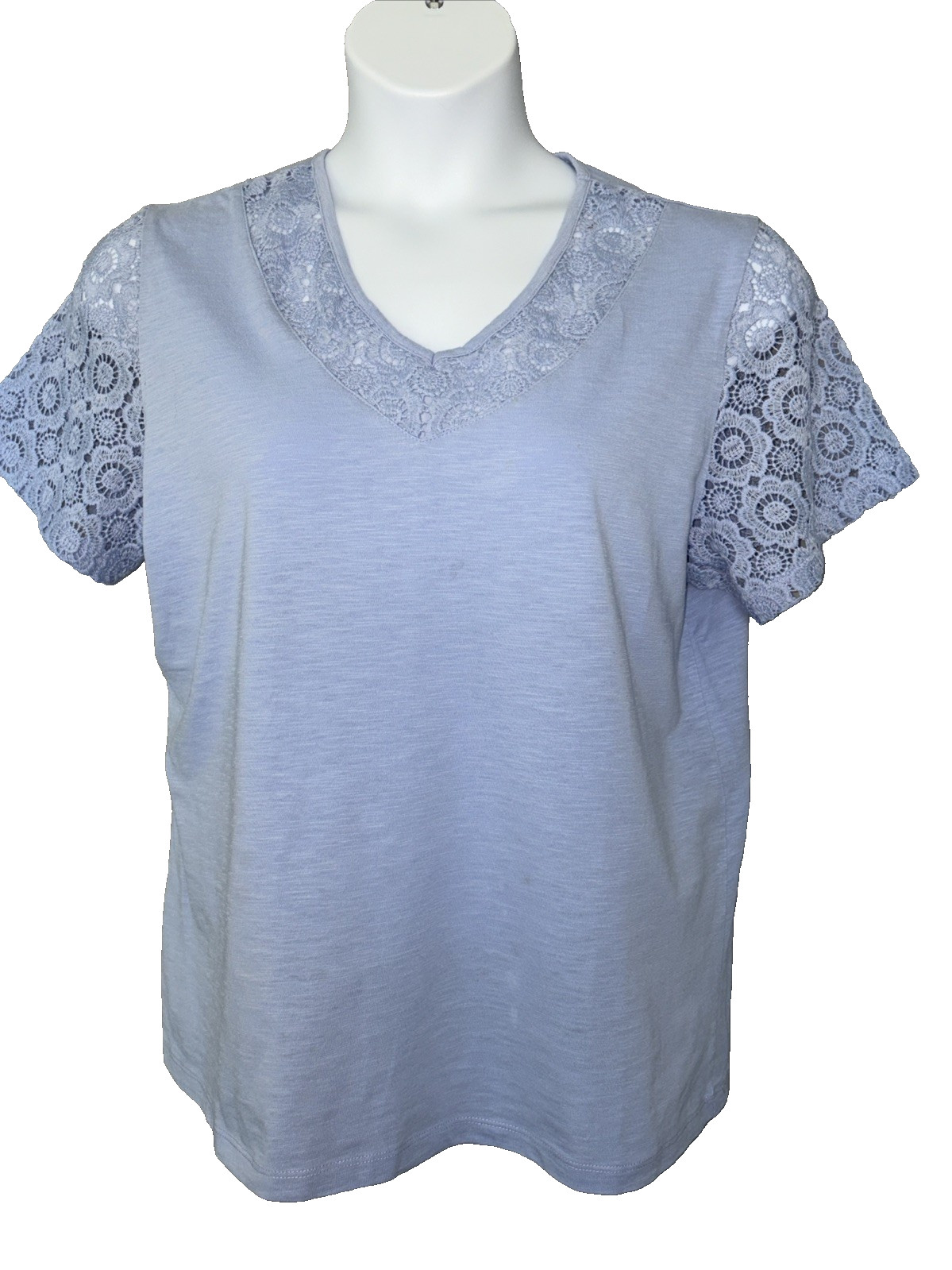 Light Blue American Sweetheart Women’s Top Size L Cotton Blend Lace Sleeves