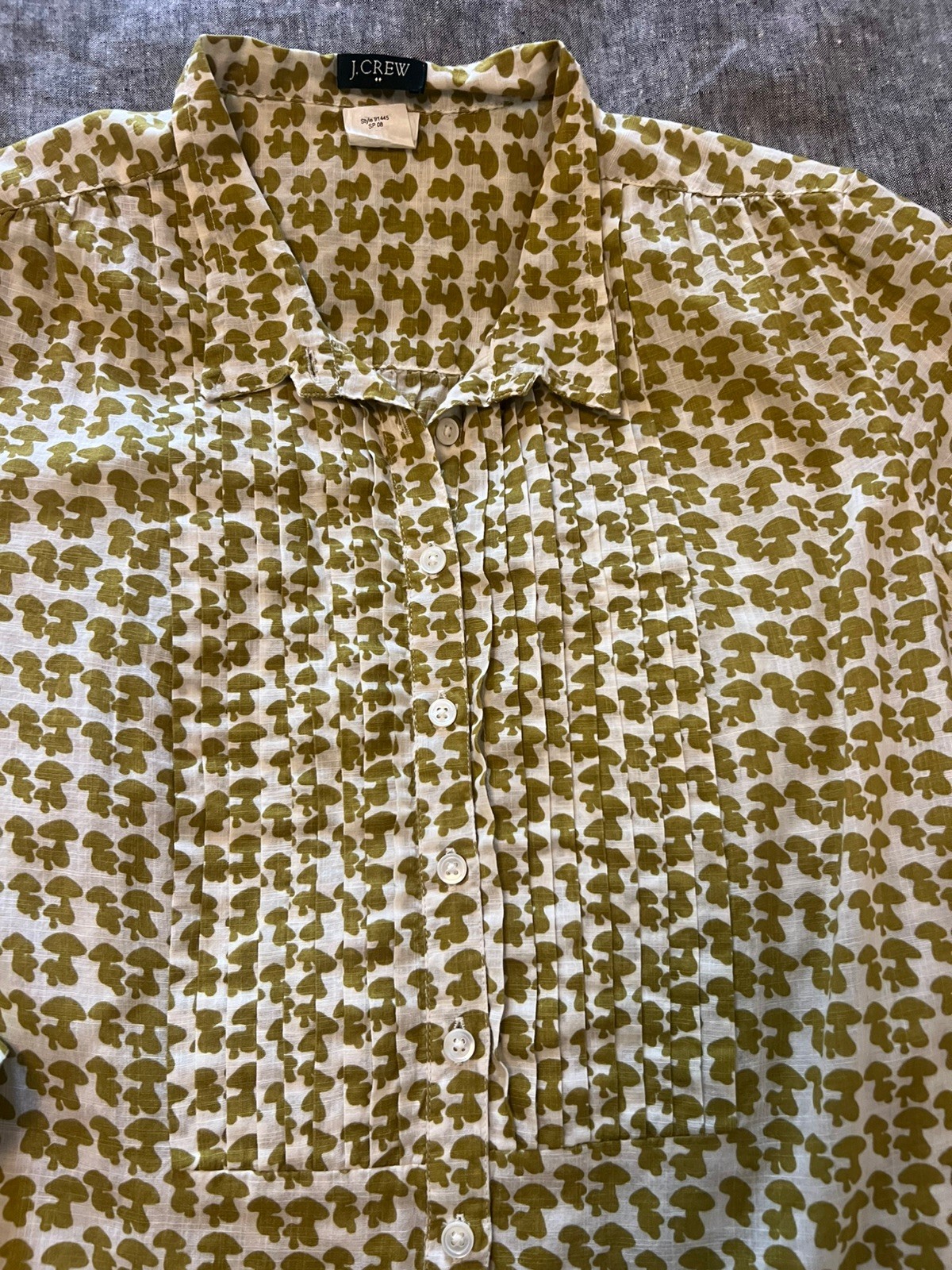J.Crew Mushroom Print Pintuck Pleated Button Front Blouse Moss Green/Natural
