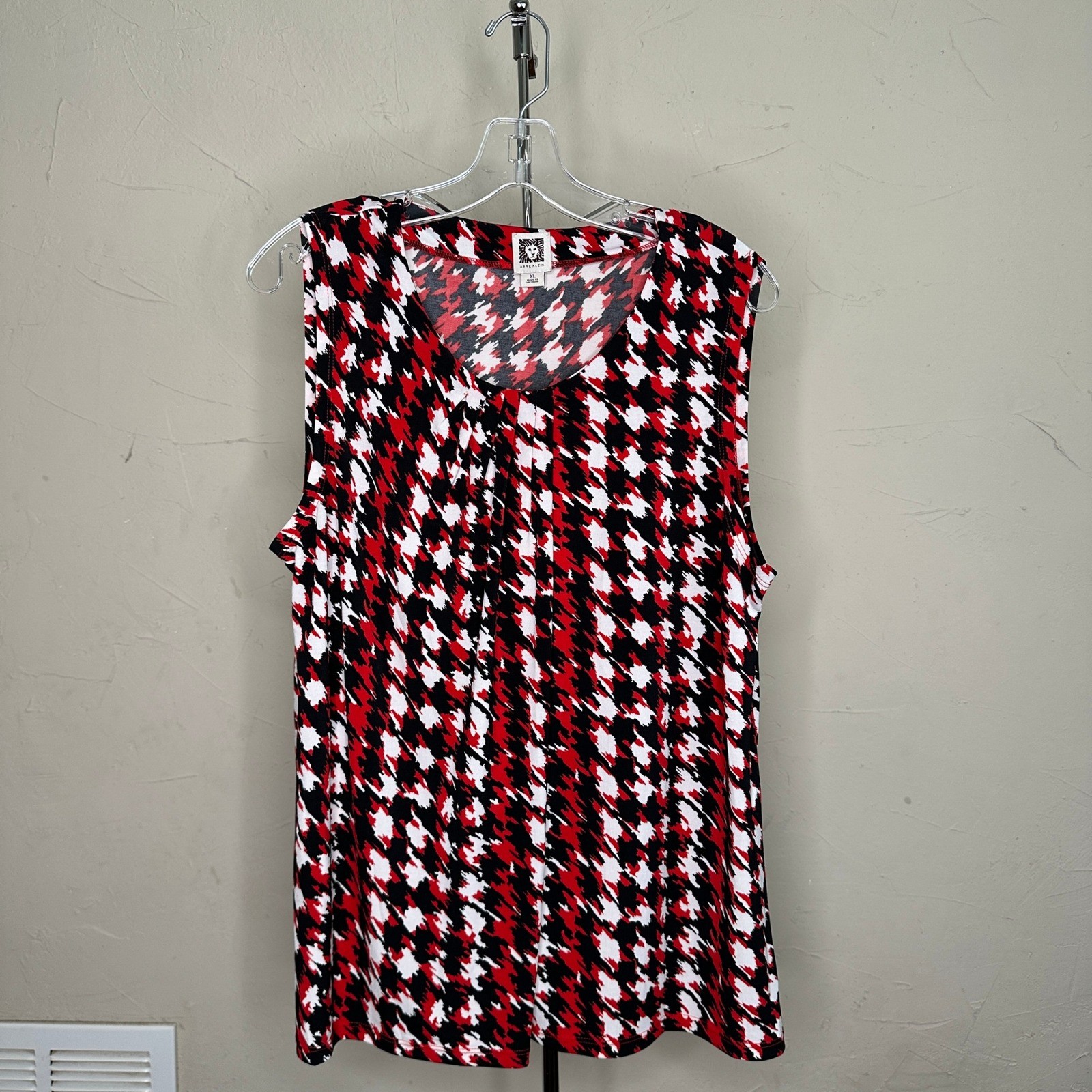 Anne Klein Womens XL Red Black White Abstract Houndstooth Sleeveless Blouse