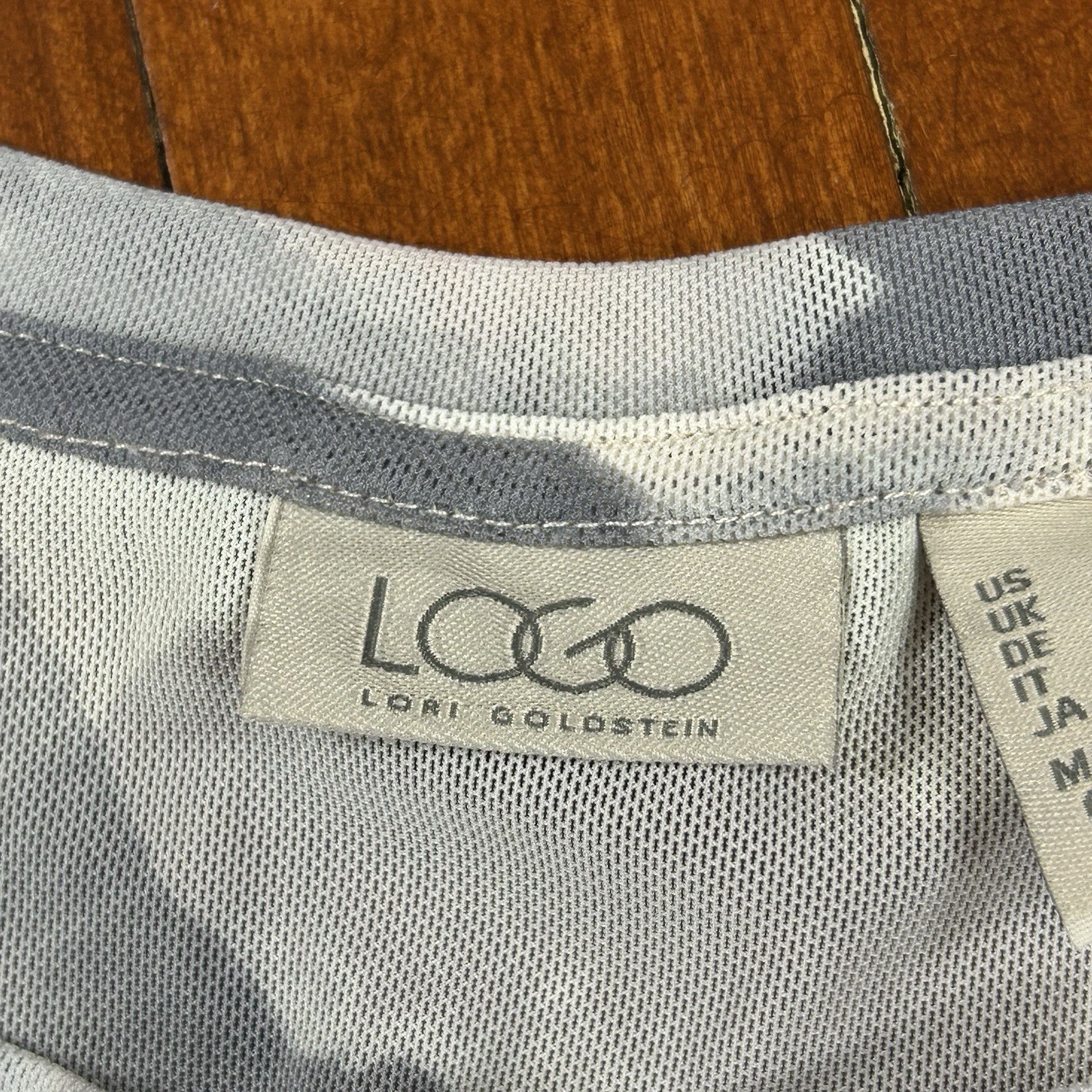 LOGO Lori Goldstein Gray Printed Button Down Top Blouse Size L Watercolor Mesh