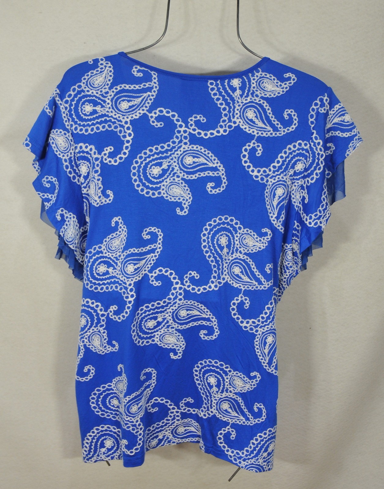 Liv Los Angeles Women’s Blouse XL Blue Paisley Embroidered Flutter Sleeve NWT