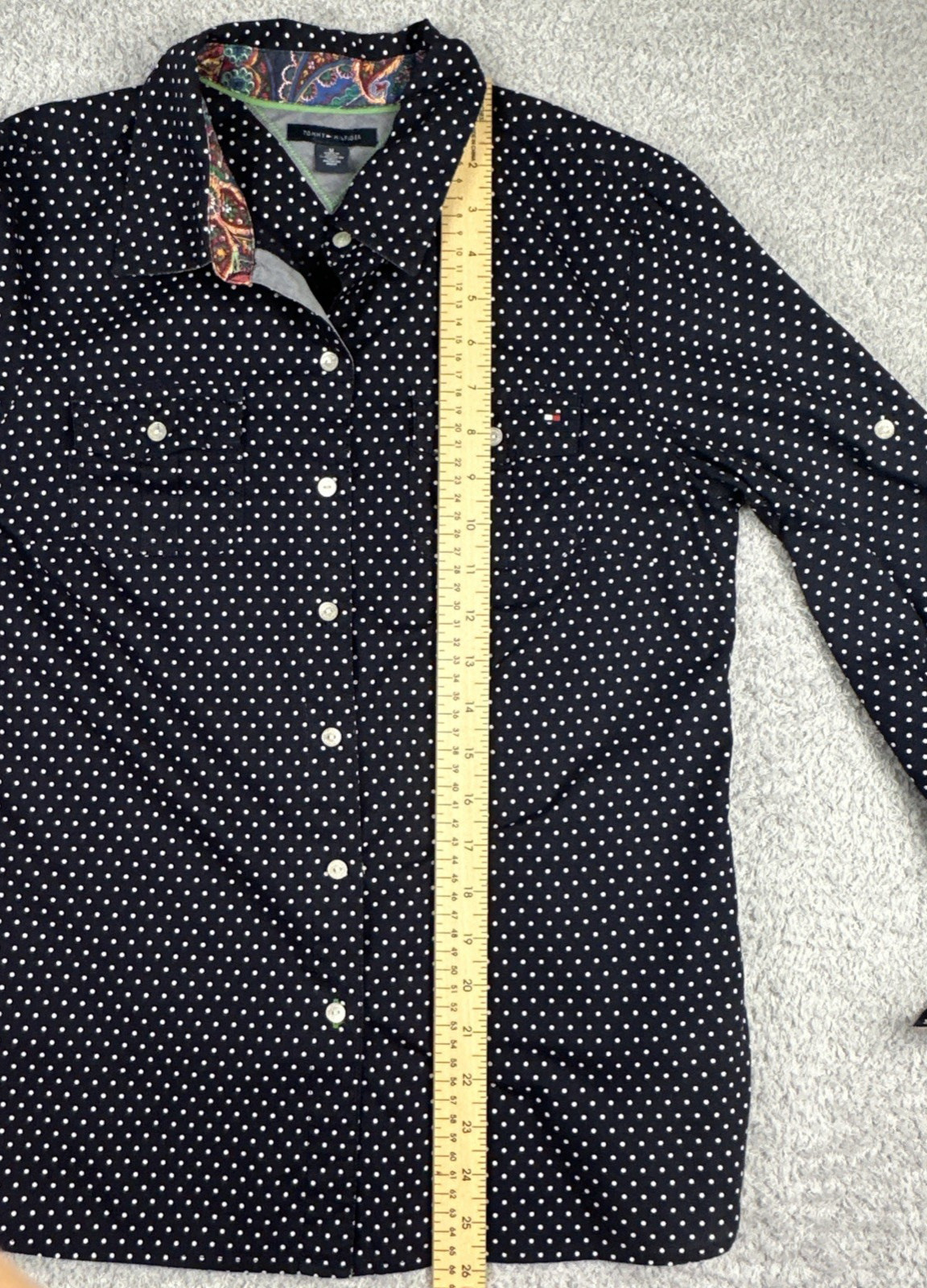 Tommy Hilfiger Women’s Polka Dot Shirt M Navy & White Top Long Sleeve Flip Cuff